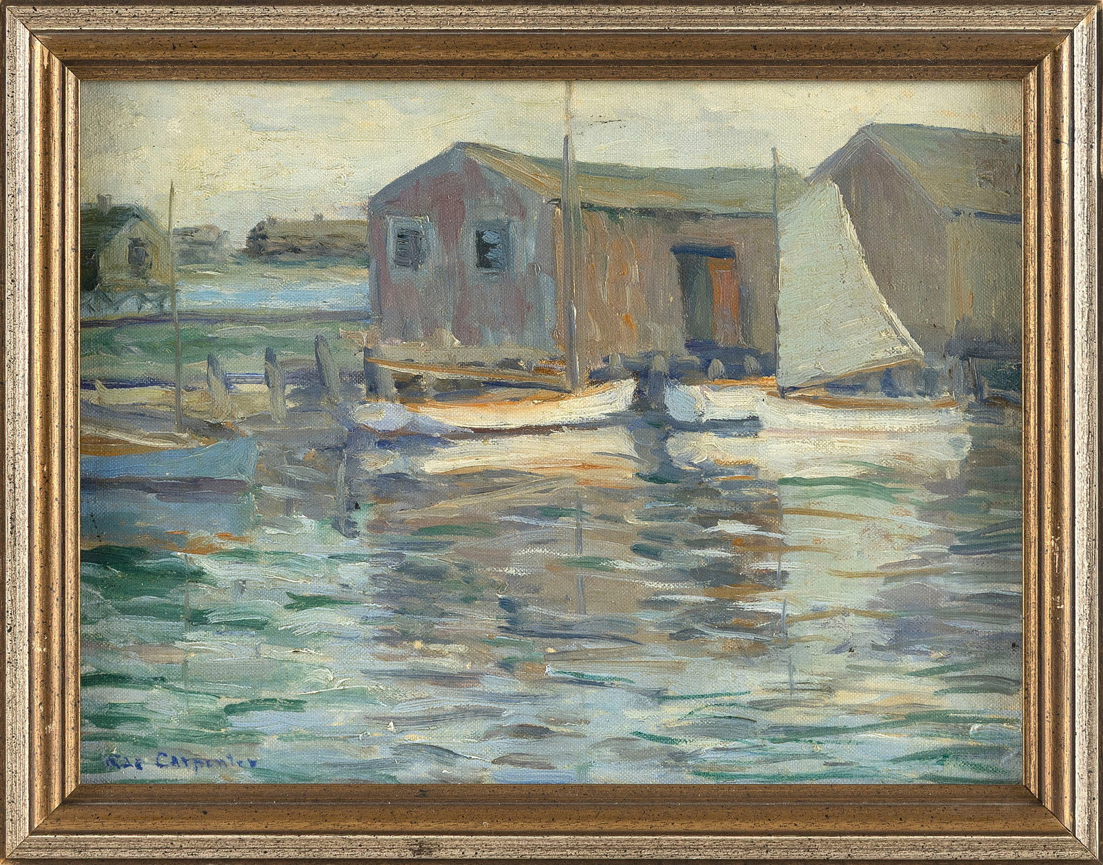 RACHEL "RAE" CARPENTER (Massachusetts/France, 1894-1990), "Straight Wharf, Nantucket Mass."., Oil on: RACHEL "RAE" CARPENTER Massachusetts/France, 1894-1990 "Straight Wharf, Nantucket Mass.". Signed lower left "Rae Carpenter". Oil on canvas board, 10" x 12". Framed 10.5" x 13.5".