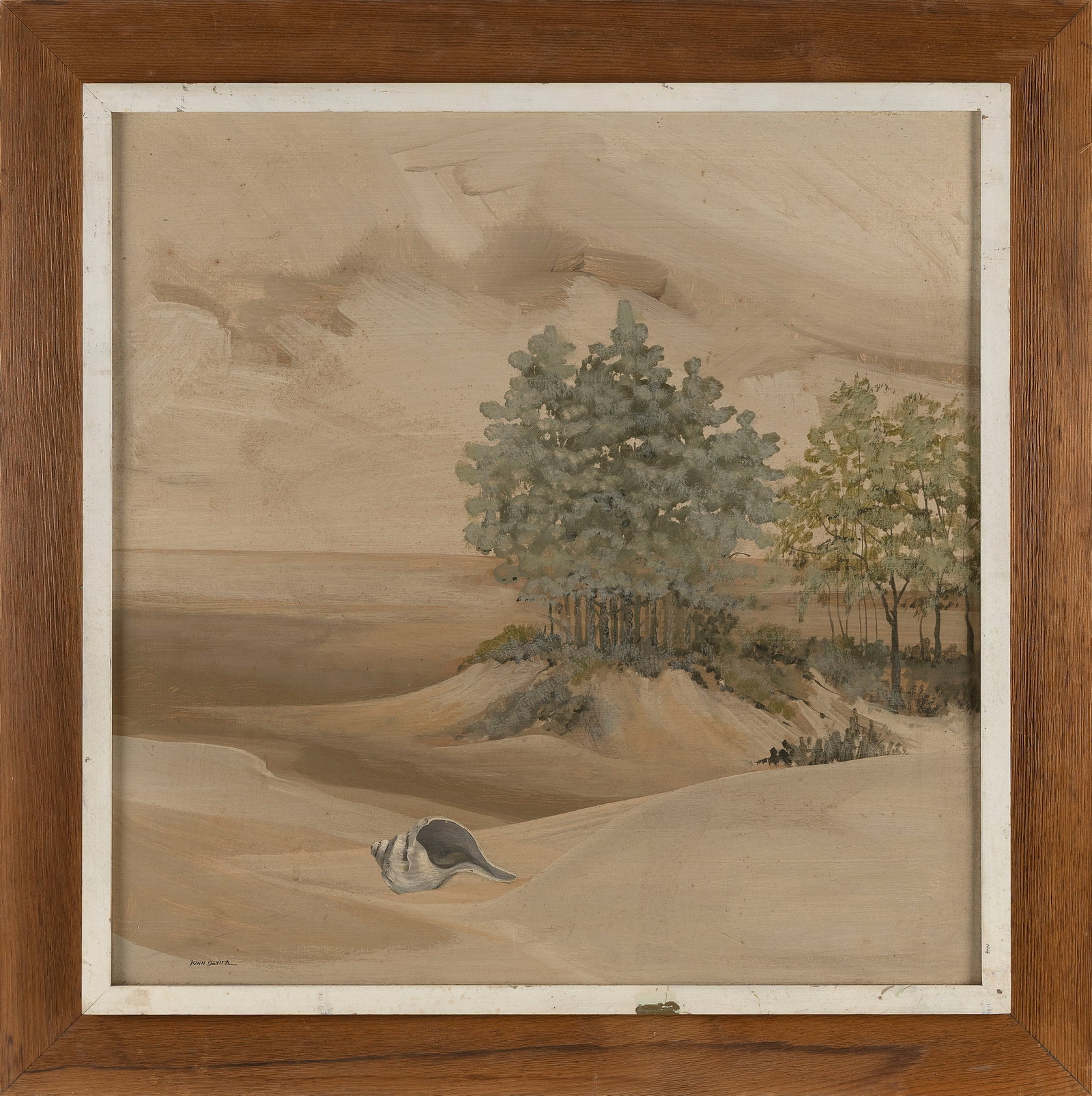 DONN DEVITA (Massachusetts/New York, 1931-2010), Conch shell on desolate sand dunes., Oil on board,: DONN DEVITA Massachusetts/New York, 1931-2010 Conch shell on desolate sand dunes. Signed lower left "Donn Devita". Oil on board, 24" x 24". Framed 29.5" x 29.5".