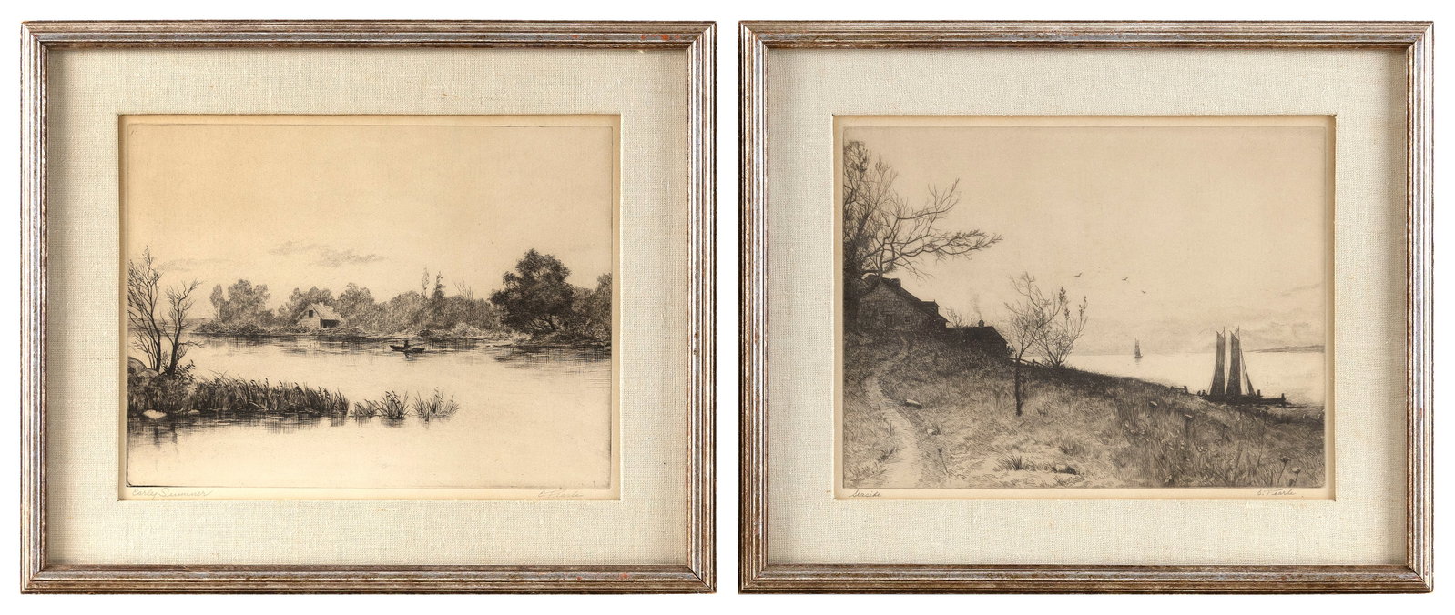TWO COASTAL ETCHINGS 20th Century 9.5" x 12" sight. Framed 14" x 17".: TWO COASTAL ETCHINGS 20th Century "Seaside" and "Early Summer". Both signed "E. Pearl". 9.5" x 12" sight. Framed 14" x 17". Provenance: The President's House, Sterling College, Craftsbury Common, Verm