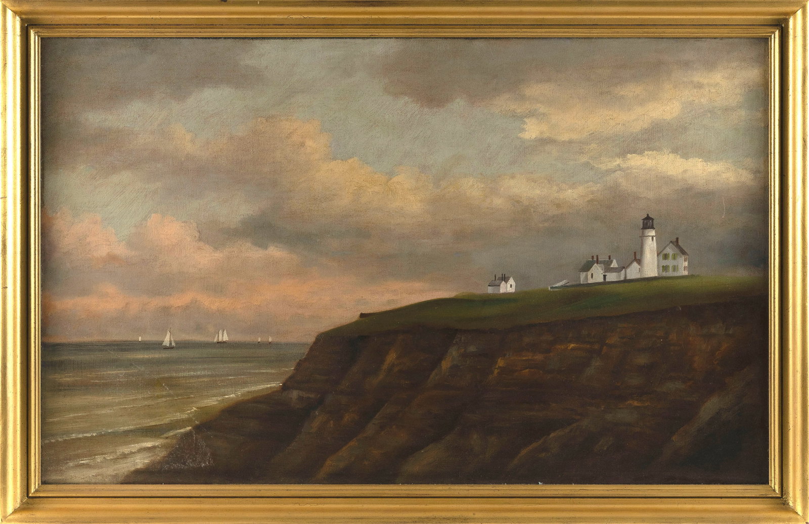 AMERICAN SCHOOL (Early 20th Century,), Highland Light, Truro, Massachusetts, with boats in the: AMERICAN SCHOOL Early 20th Century Highland Light, Truro, Massachusetts, with boats in the distance. Unsigned. Possibly the work of D.A. Fisher (Maine/California, 1867-1940). Oil on canvas, 22" x 36".