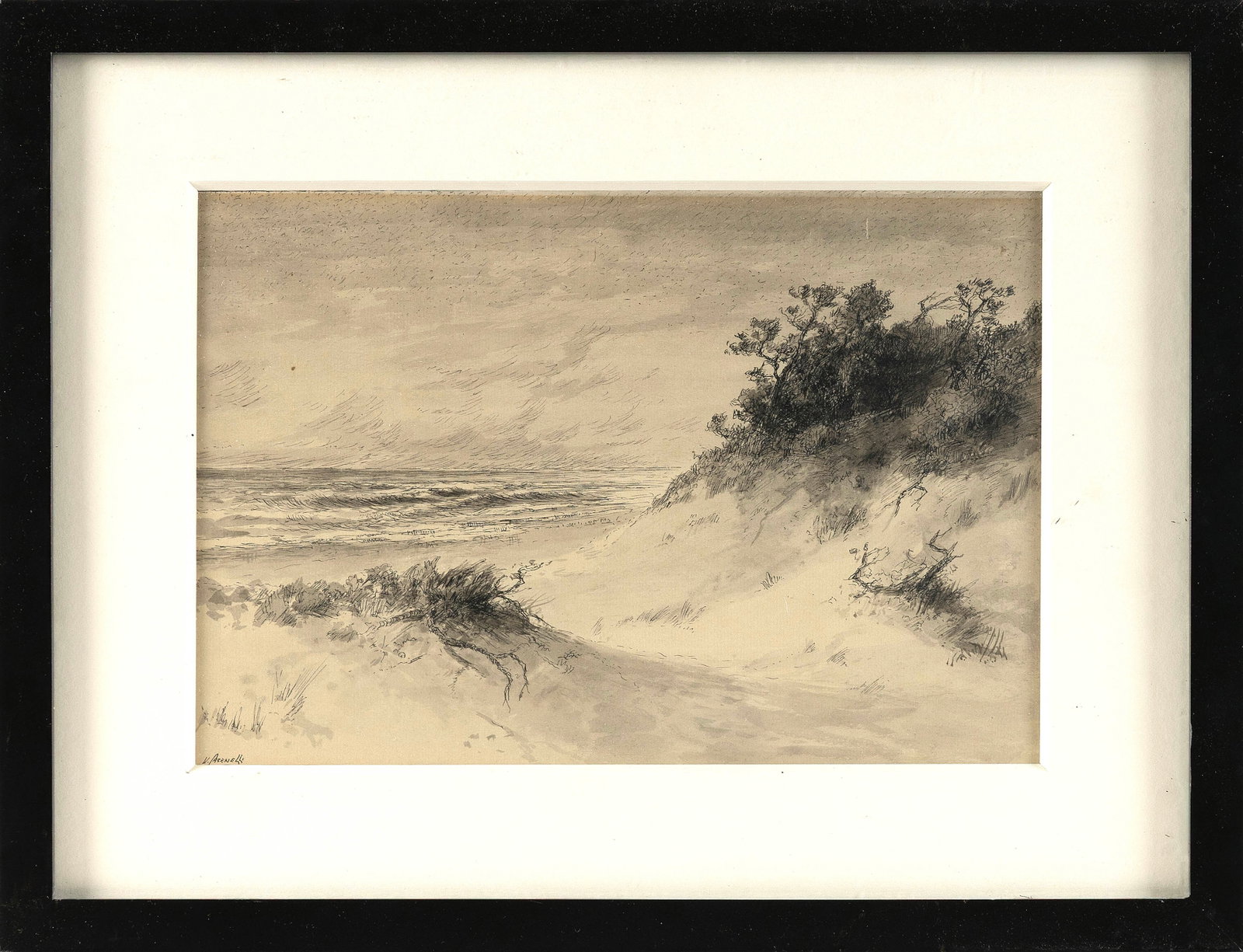 VICTOR CASENELLI (Michigan/Ohio, 1868-1971), Dune scene., Pen and ink on paper, 8" x 11.5". Framed (1 of 2)