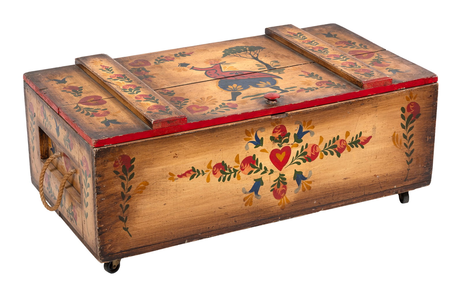 PETER HUNT (Massachusetts, 1896-1967), Painted trunk with figural, heart, and rose decoration., (1 of 5)