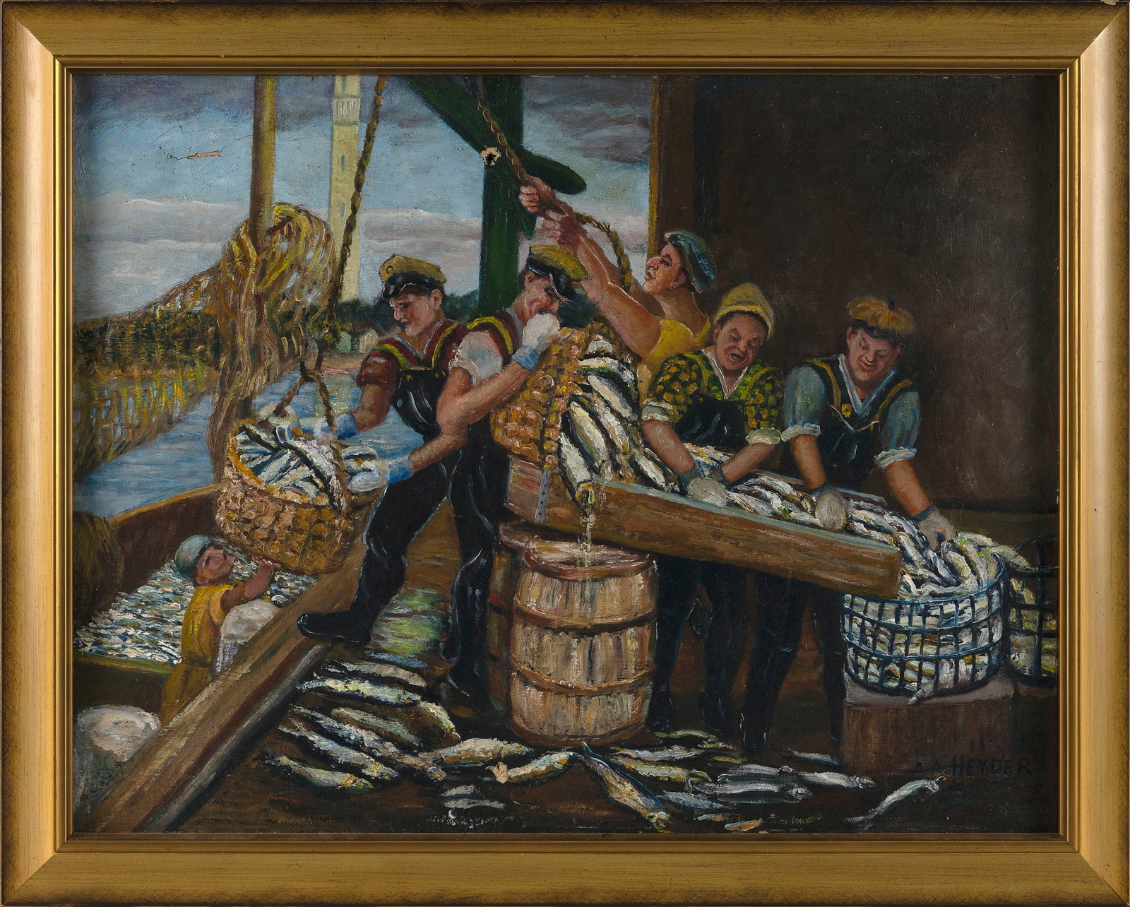 AUGUSTA A. HEYDER (New Jersey, Active 1920s-1940s), Dockworkers sorting through a large haul of (1 of 2)