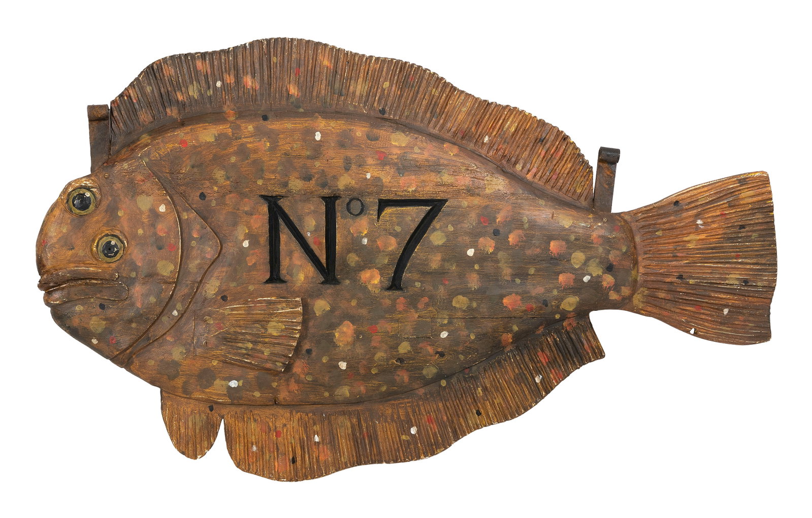 CARVED AND PAINTED FLOUNDER-FORM SIGN 20th Century Height 35". Length 60". (1 of 2)