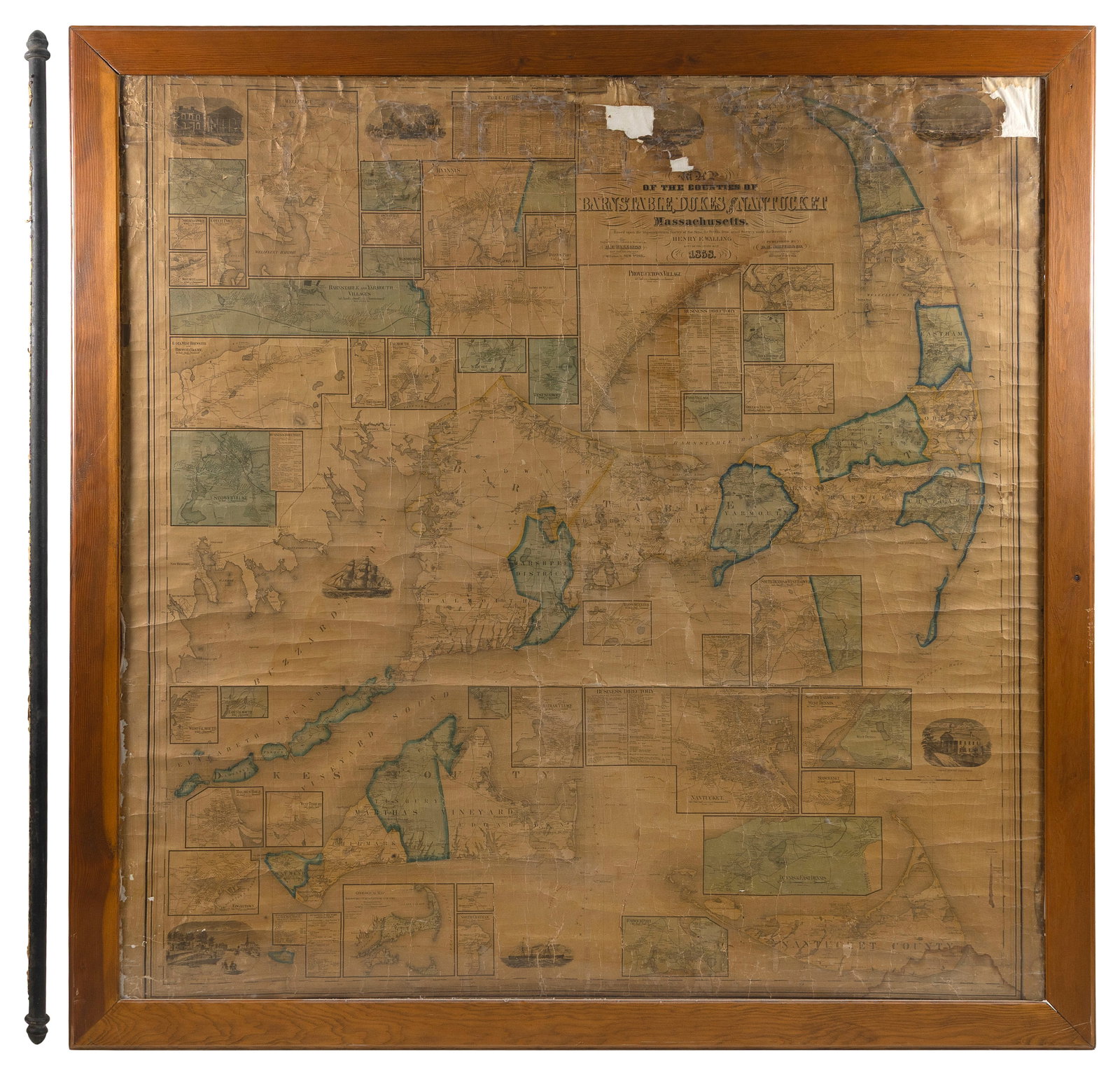 HENRY F. WALLING MAP "THE COUNTIES OF BARNSTABLE, DUKES & NANTUCKET" Dated 1858 60" x 60". Framed (1 of 2)