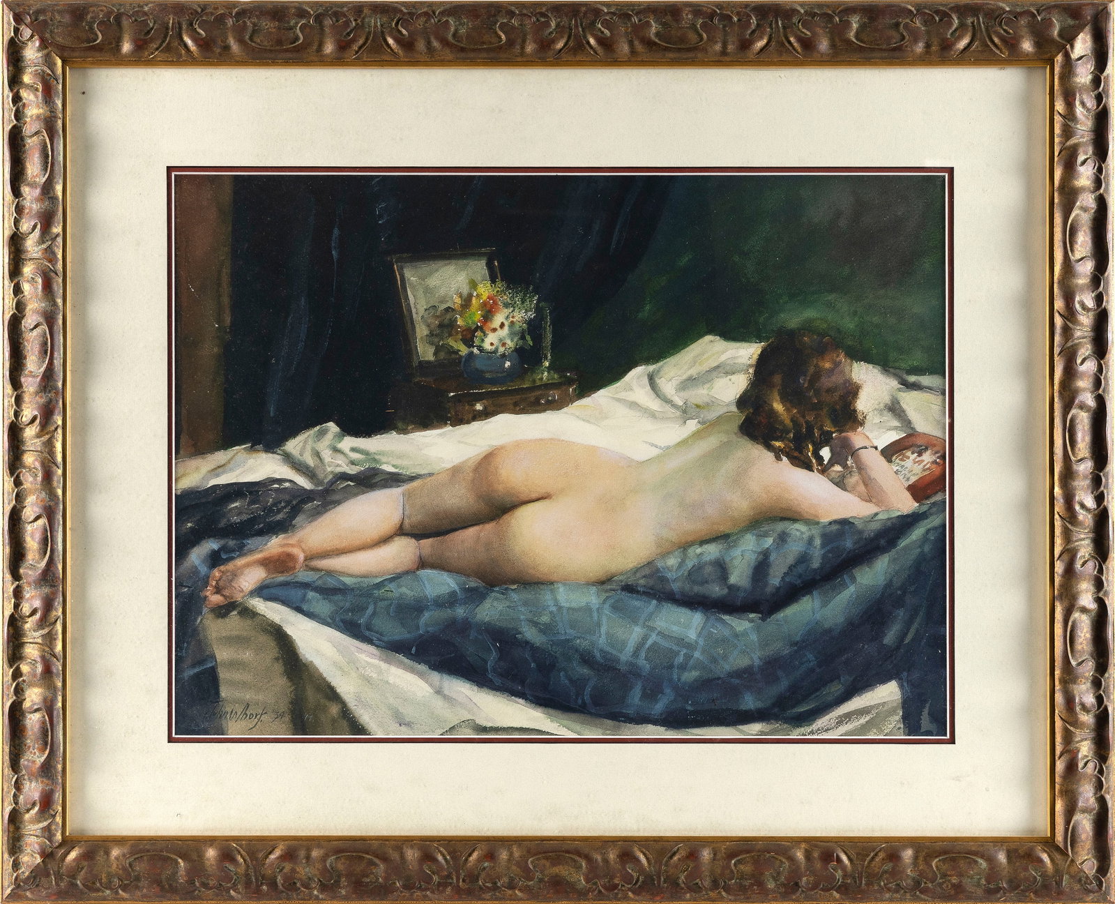 JOHN WHORF (Massachusetts, 1903-1959), Reclining nude. Print on paper 17" x 24". Framed.: JOHN WHORF Massachusetts, 1903-1959 Reclining nude. Print on paper 17" x 24". Framed 28" x 35".