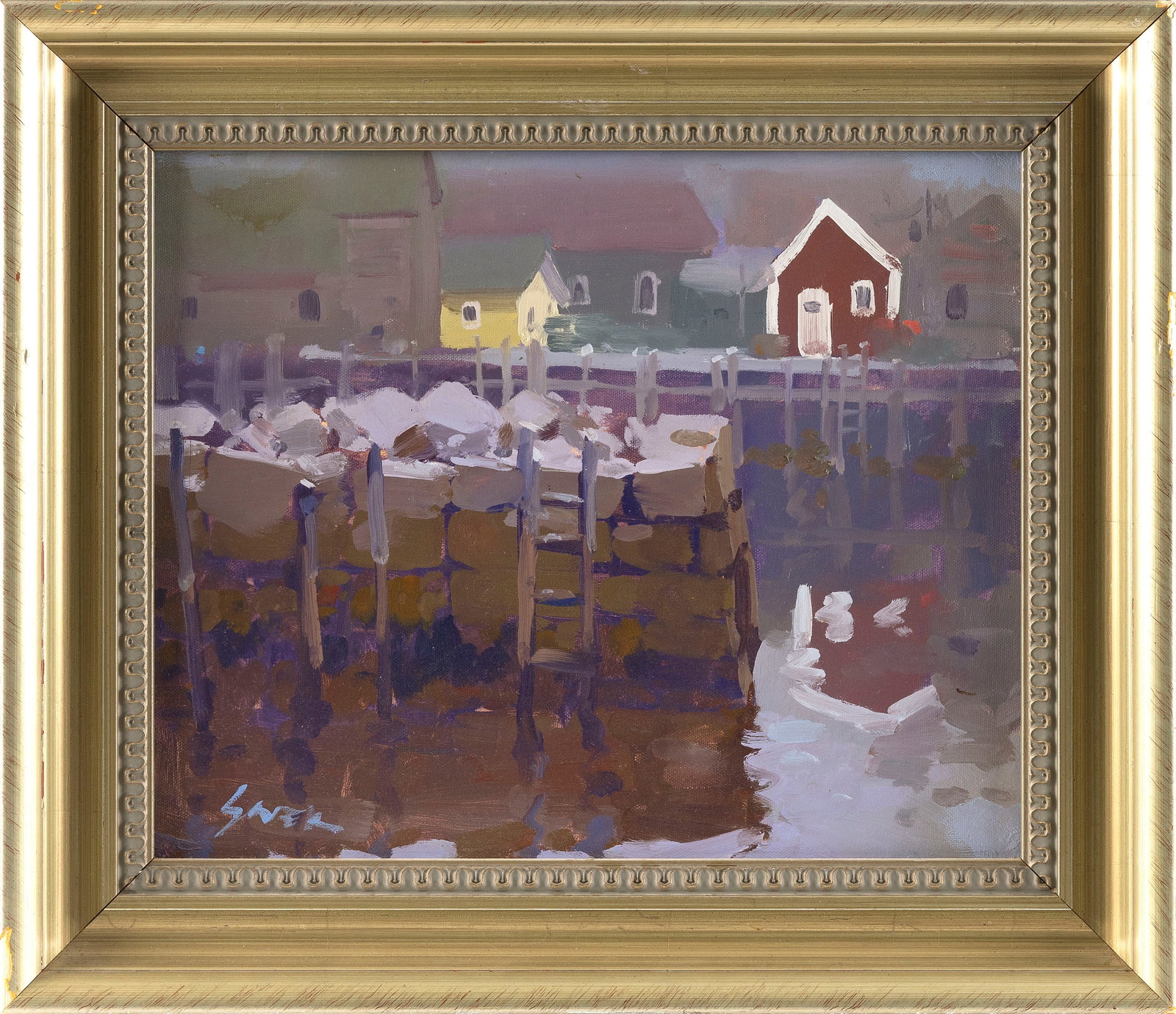 CHARLES P. SOVEK (Massachusetts, 1937-2007), Dock scene., Oil on canvas, 13" x 16". Framed 18" x: CHARLES P. SOVEK Massachusetts, 1937-2007 Dock scene. Signed lower left "Sovek". Signed and dated 1992 verso. Oil on canvas, 13" x 16". Framed 18" x 21".