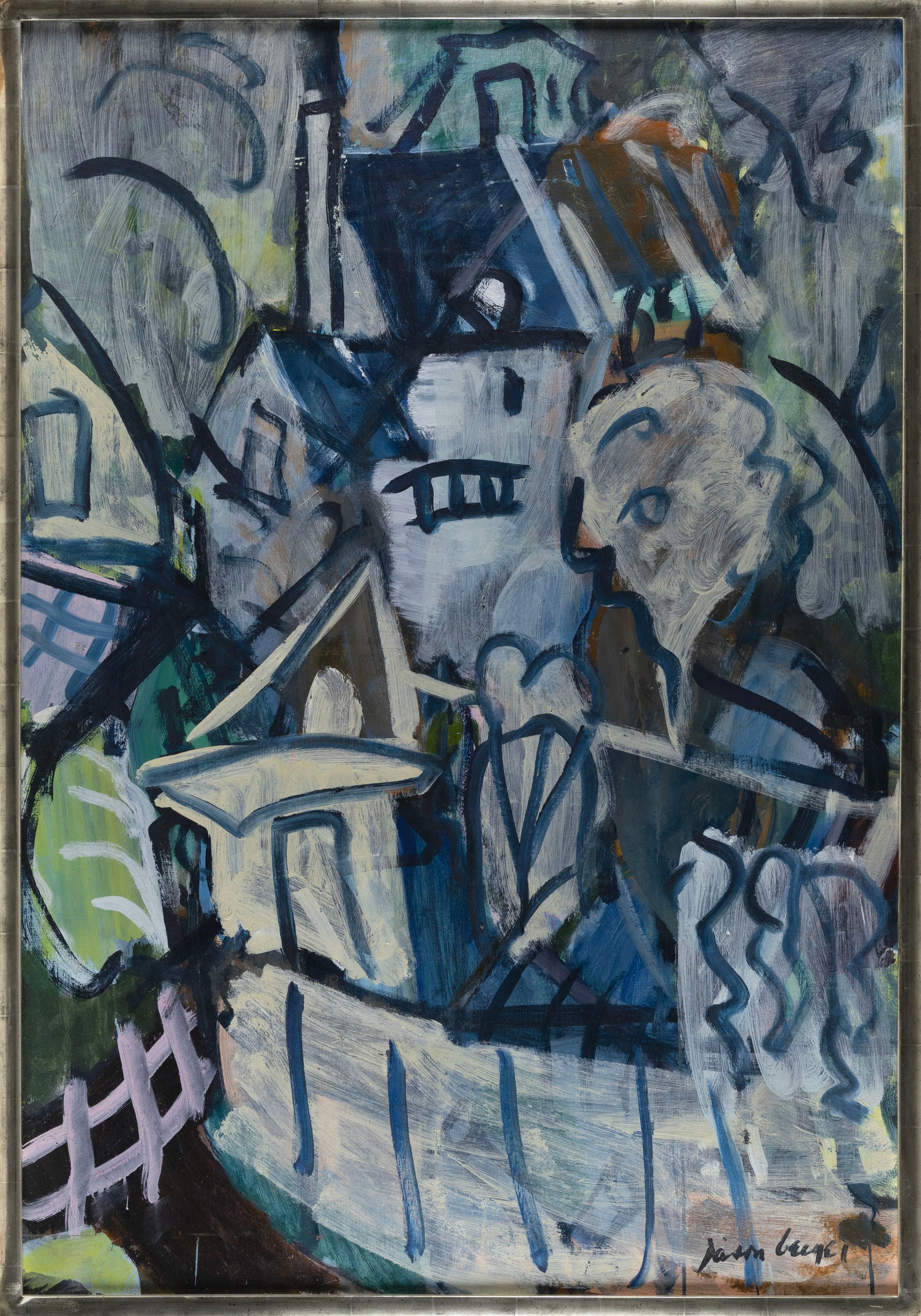 JASON BERGER (Massachusetts, 1924-2010), Village scene., Oil on canvas, 50" x 34". Framed 51" x 36".: JASON BERGER Massachusetts, 1924-2010 Village scene. Signed lower right "Jason Berger". Housed in a Guido of Boston frame. Oil on canvas, 50" x 34". Framed 51" x 36".