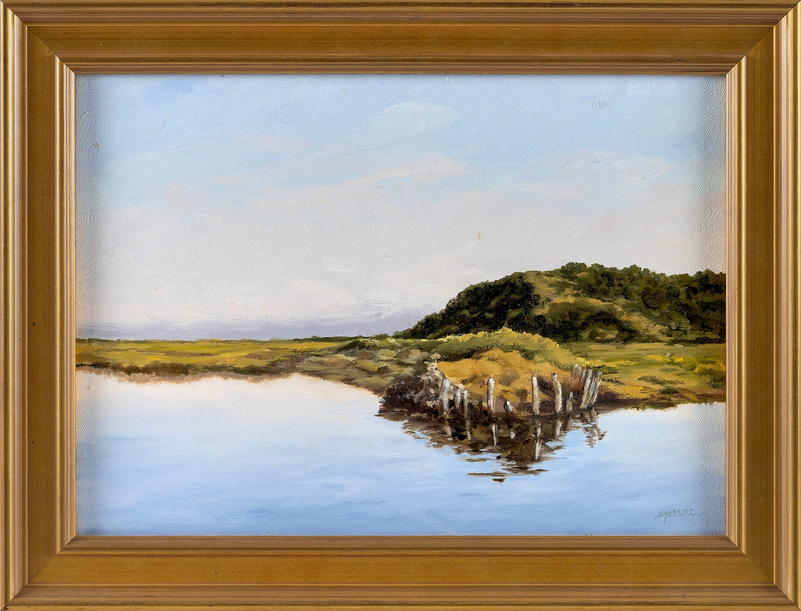 JAN MESSIER (Massachusetts, 1949-), Railroad bed, Pamet Harbor, Truro, Massachusetts., Oil on: JAN MESSIER Massachusetts, 1949- Railroad bed, Pamet Harbor, Truro, Massachusetts. Signed lower right "Messier". Oil on canvas, 10" x 14". Framed 13" x 17".