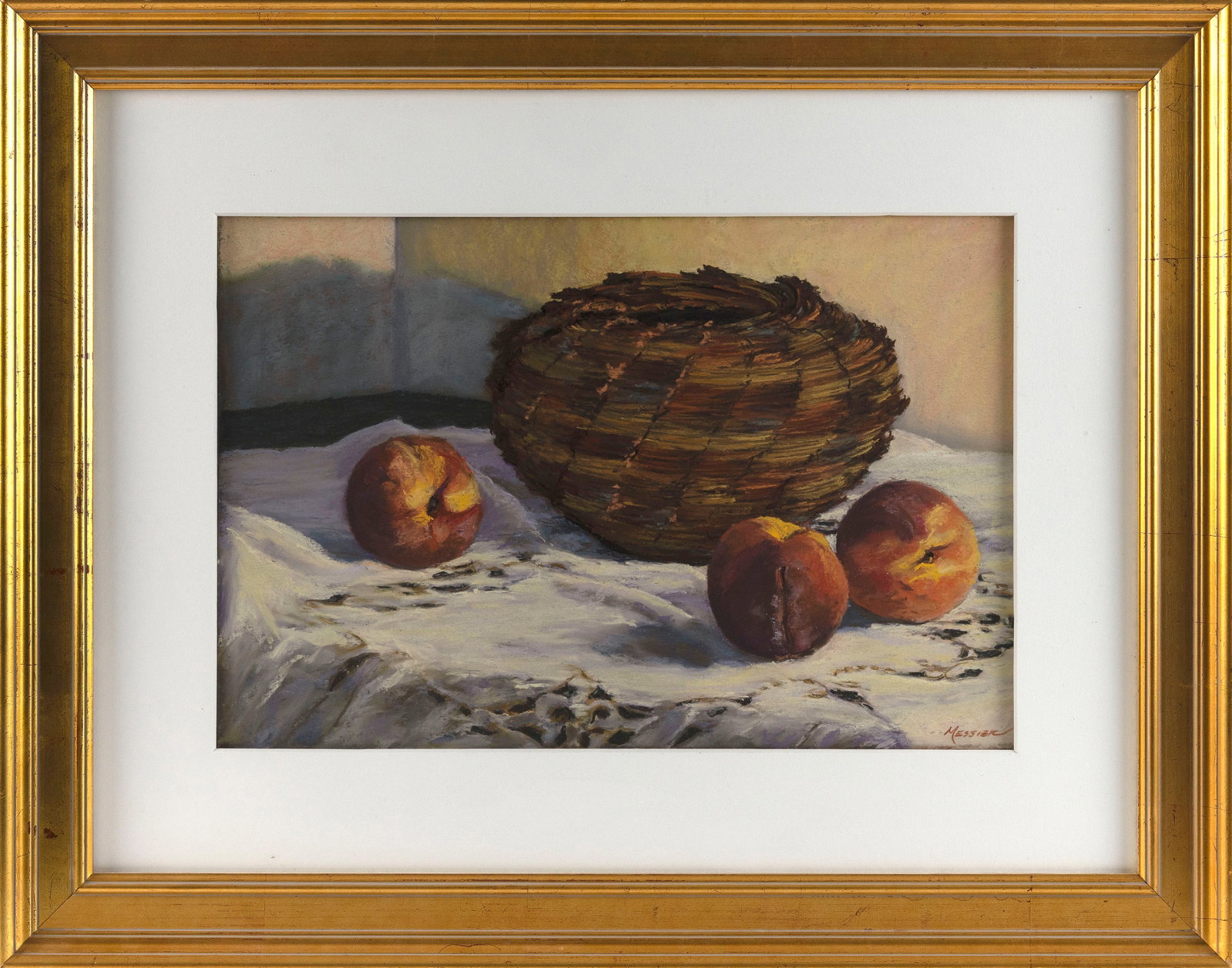 JAN MESSIER (Massachusetts, 1949-), Still life of peaches and a basket., Pastel, 12" x 18" sight. (1 of 2)