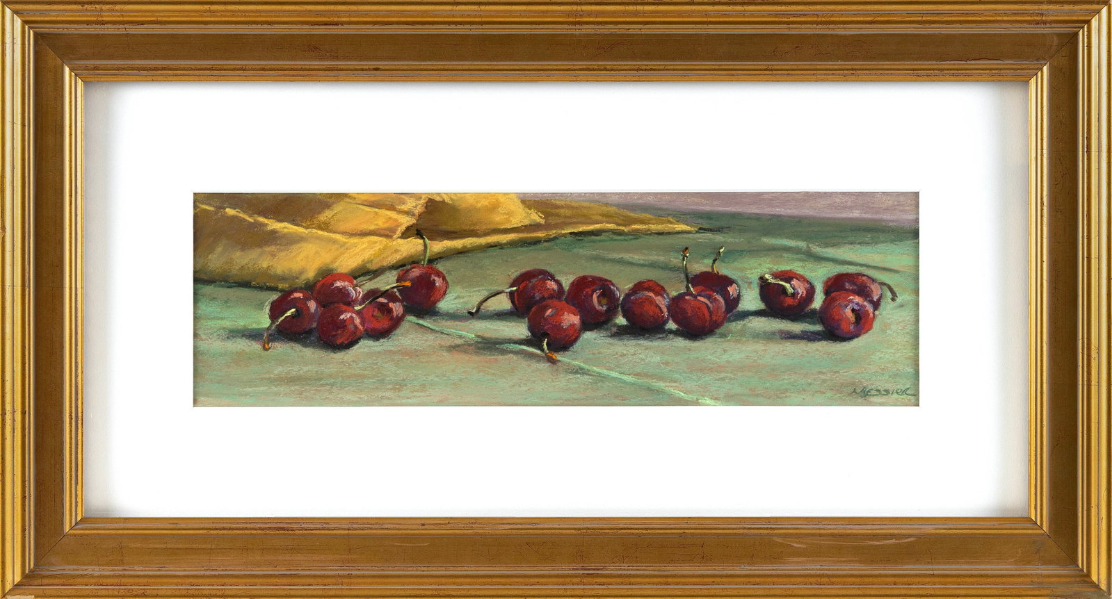 JAN MESSIER (Massachusetts, 1949-), Still life of cherries., Pastel, 5.5" x 6.5" sight. Framed 15" x (1 of 2)