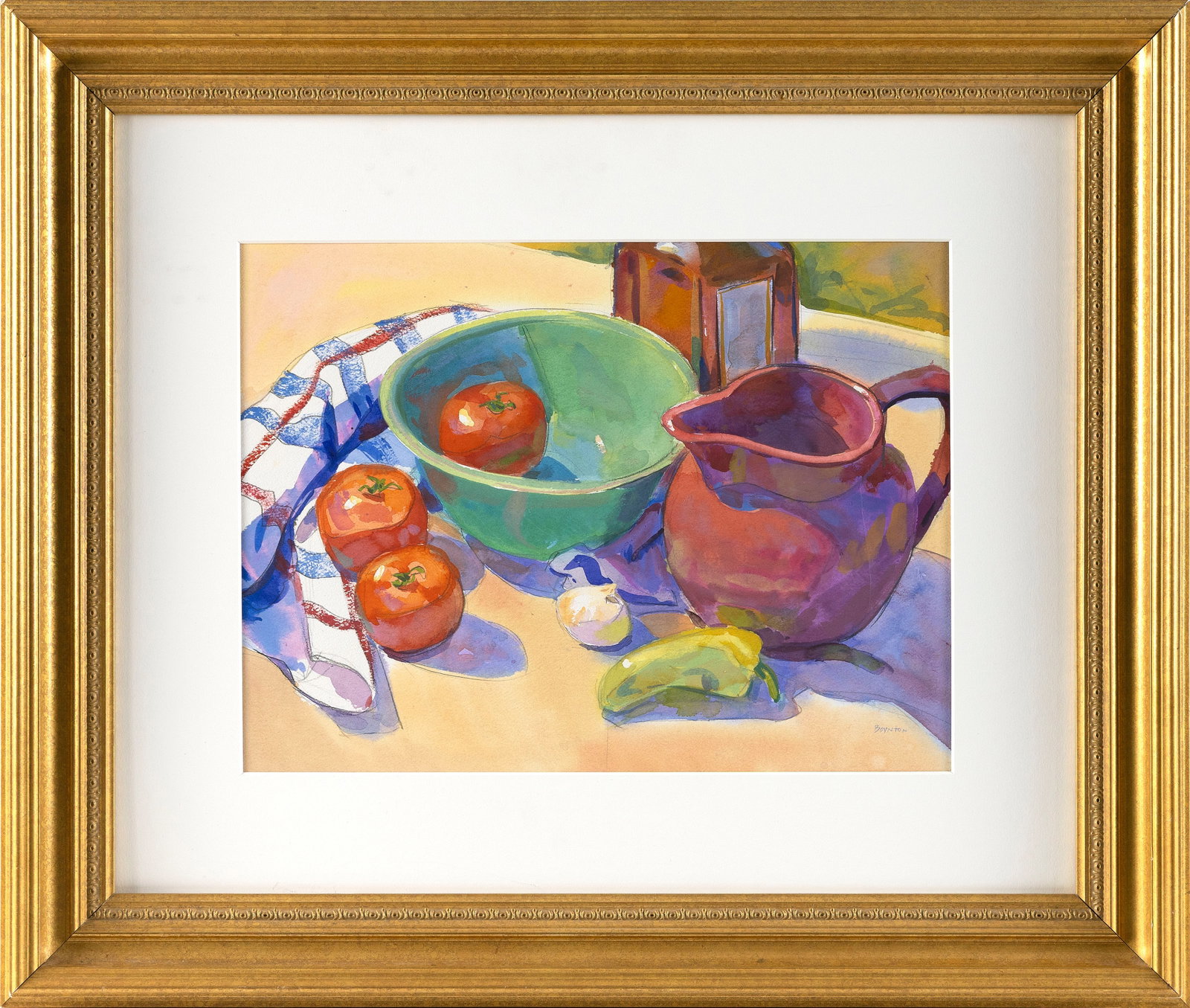 LEE BOYNTON (Massachusetts, 1953-2016), Still life of tomatoes, garlic, a chili pepper, a bowl and a: LEE BOYNTON Massachusetts, 1953-2016 Still life of tomatoes, garlic, a chili pepper, a bowl and a pitcher. Signed lower right "Boynton". Watercolor, 12" x 16" sight. Framed 29" x 26".