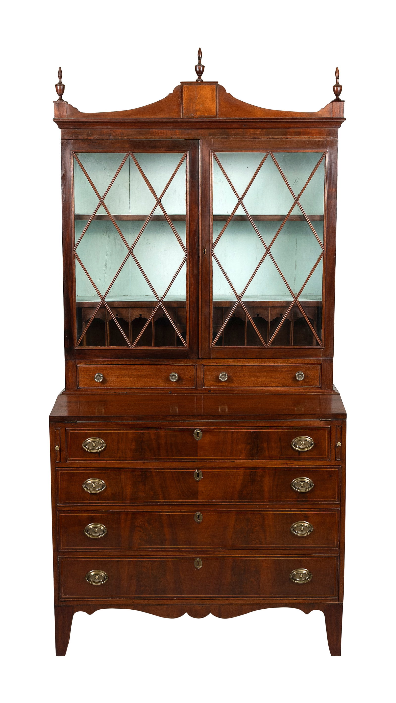 MAHOGANY AND MAHOGANY VENEER TWO-PART SECRETARY America, 19th Century Height 79". Width 39". Depth (1 of 4)