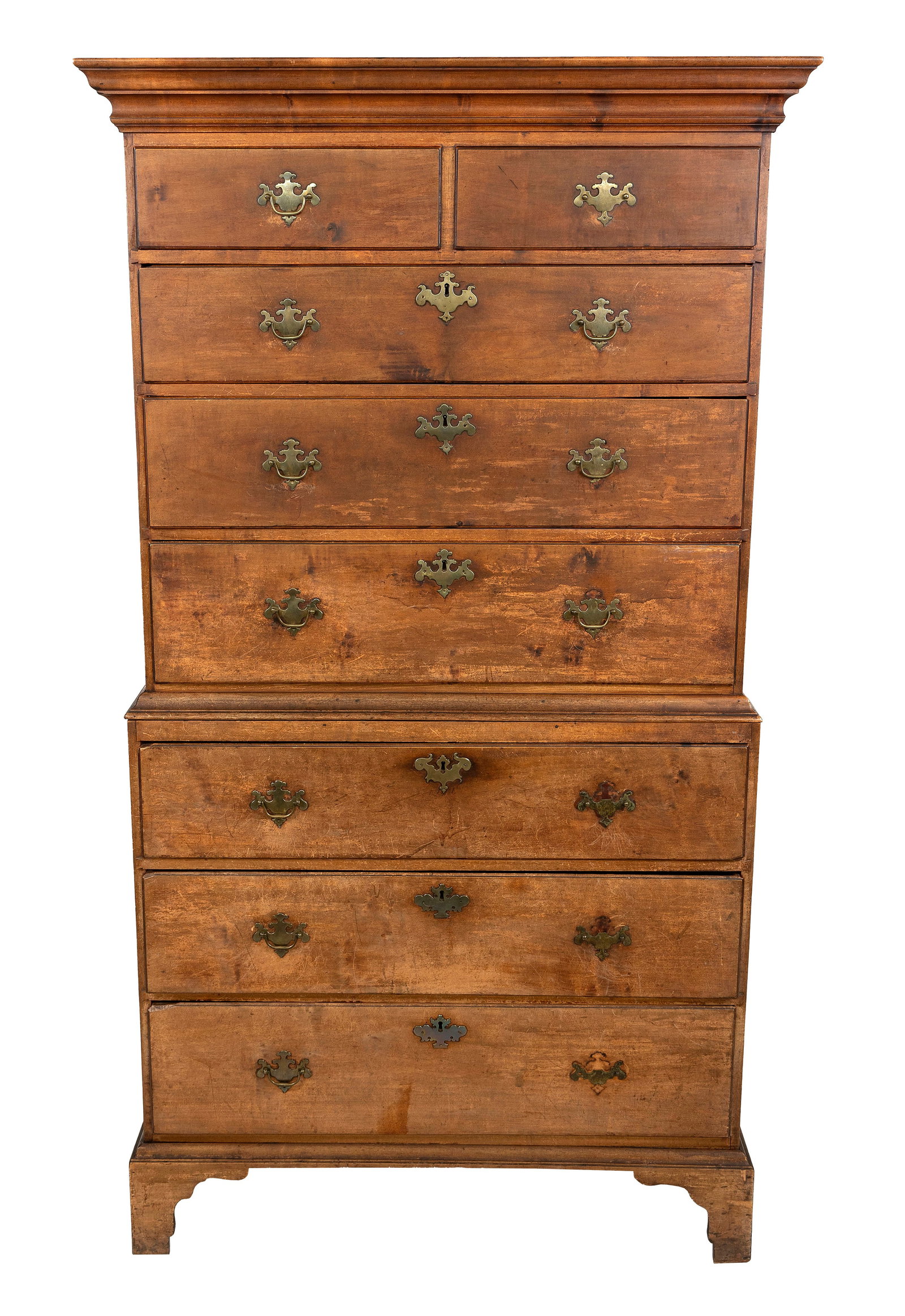 COUNTRY CHIPPENDALE MAPLE TWO-PART CHEST-ON-CHEST Probably Connecticut, Circa 1780 Height 74". Width (1 of 2)