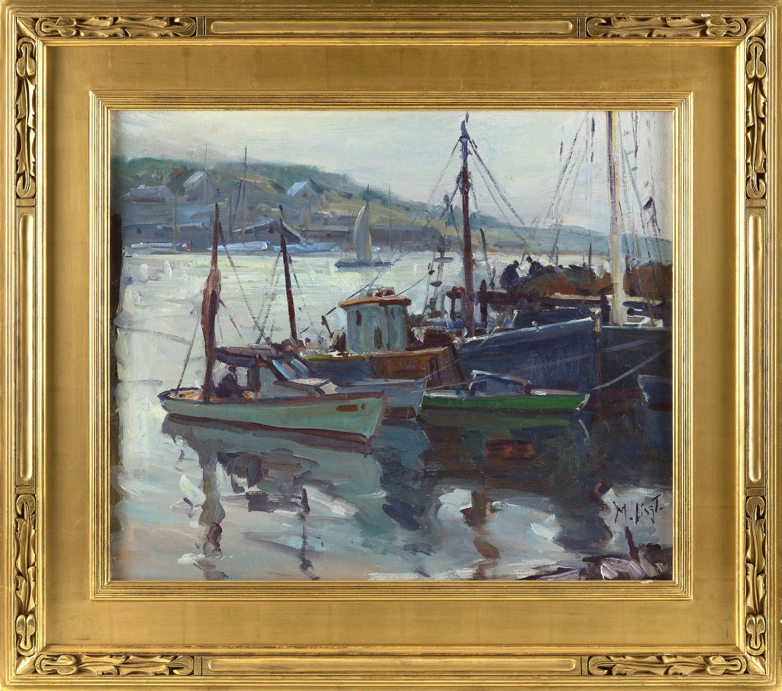 MARIA LISZT (Massachusetts, 1902-1992), "Morning Brilliance #4", depicting boats at dock., Oil on (1 of 2)