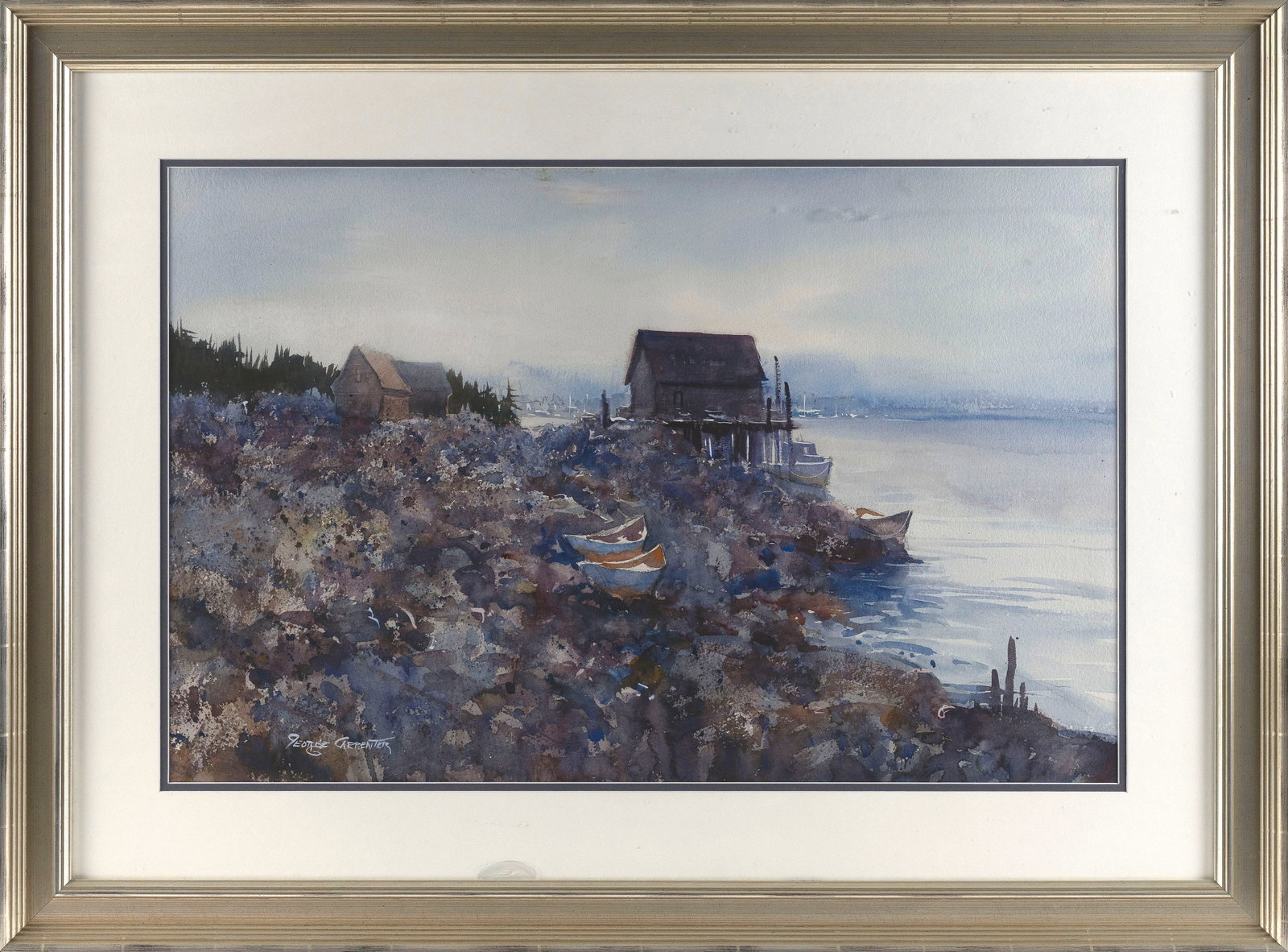 GEORGE CARPENTER (Maine/Massachusetts, 1928-2006), "Harbor Scene with Two Dories"., Watercolor, 18": GEORGE CARPENTER Maine/Massachusetts, 1928-2006 "Harbor Scene with Two Dories". Signed lower left "George Carpenter". Titled on label verso for Todd Bonita Art Gallery, Perkins Cove, Ogunquit, Maine. 