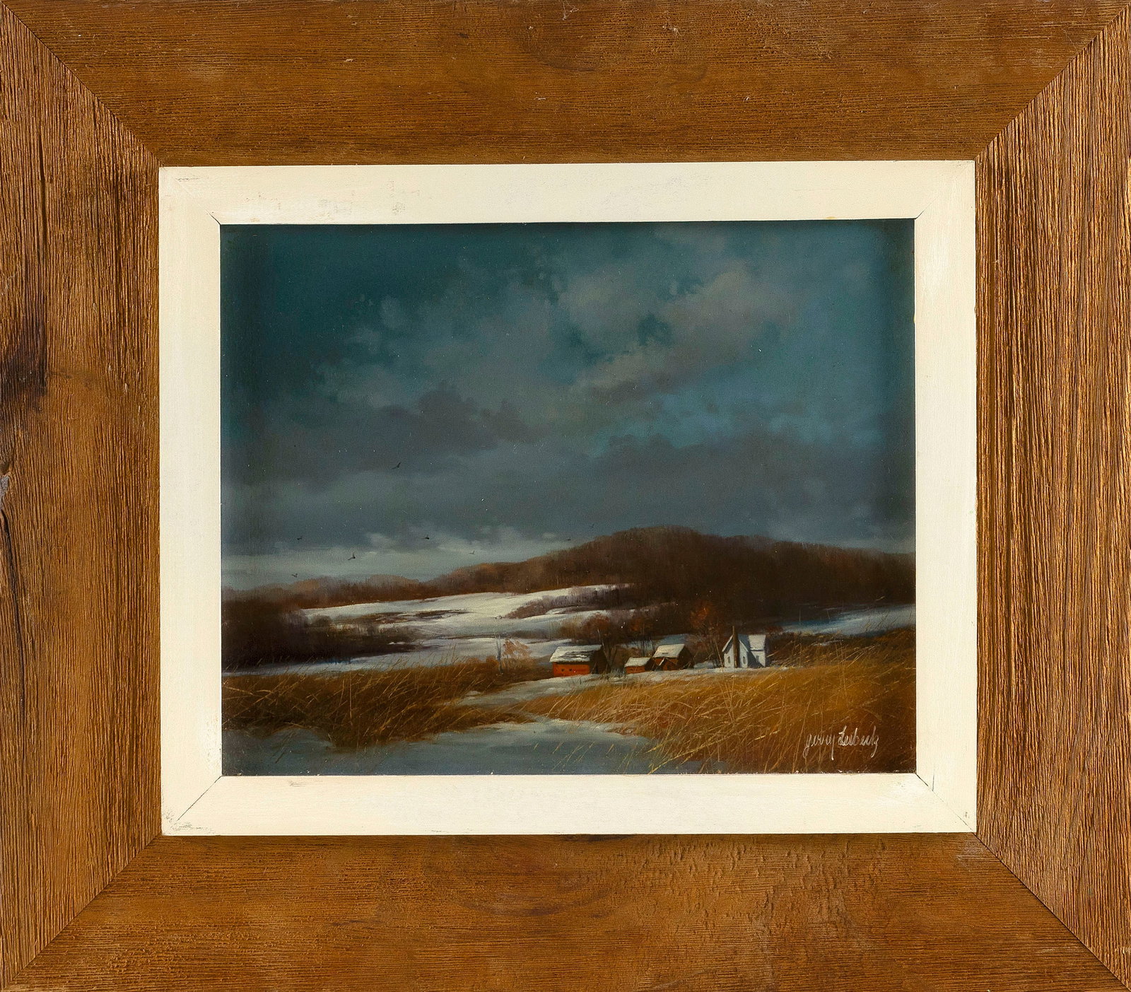 GERALD L. LUBECK (New Jersey/Vermont, 1942-2019), Early winter scene with farmhouse and barns., Oil: GERALD L. LUBECK New Jersey/Vermont, 1942-2019 Early winter scene with farmhouse and barns. Signed lower right "Gerry Lubeck". Oil on cardboard, 8" x 10". Framed 14" x 16".