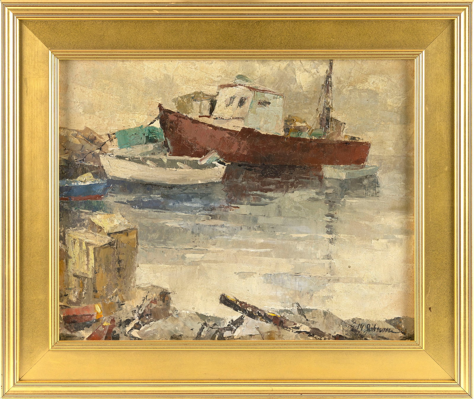 ELEANORA M. JOHNSON (Massachusetts, 20th Century), "Boats - Rockport, Mass"., Oil on board, 16" x (1 of 2)