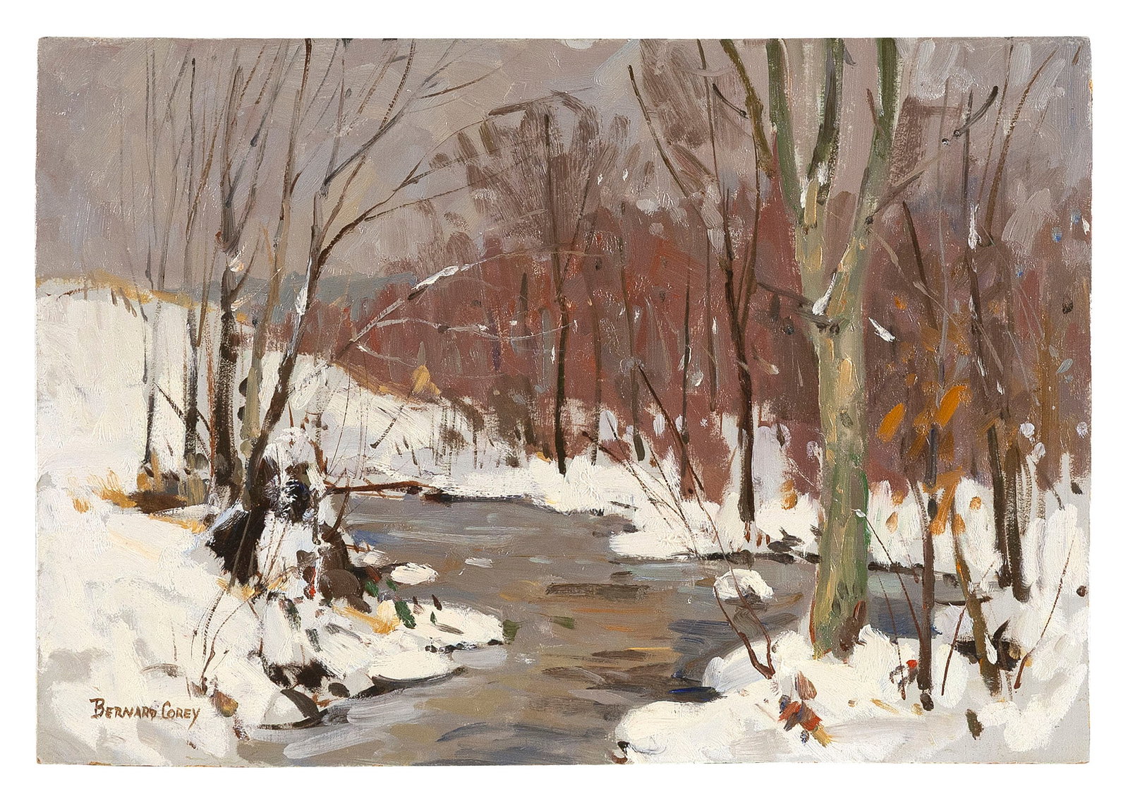 BERNARD COREY (Massachusetts, 1914-2000), "Winter Stream"., Oil on board, 8" x 12". Unframed. (1 of 2)