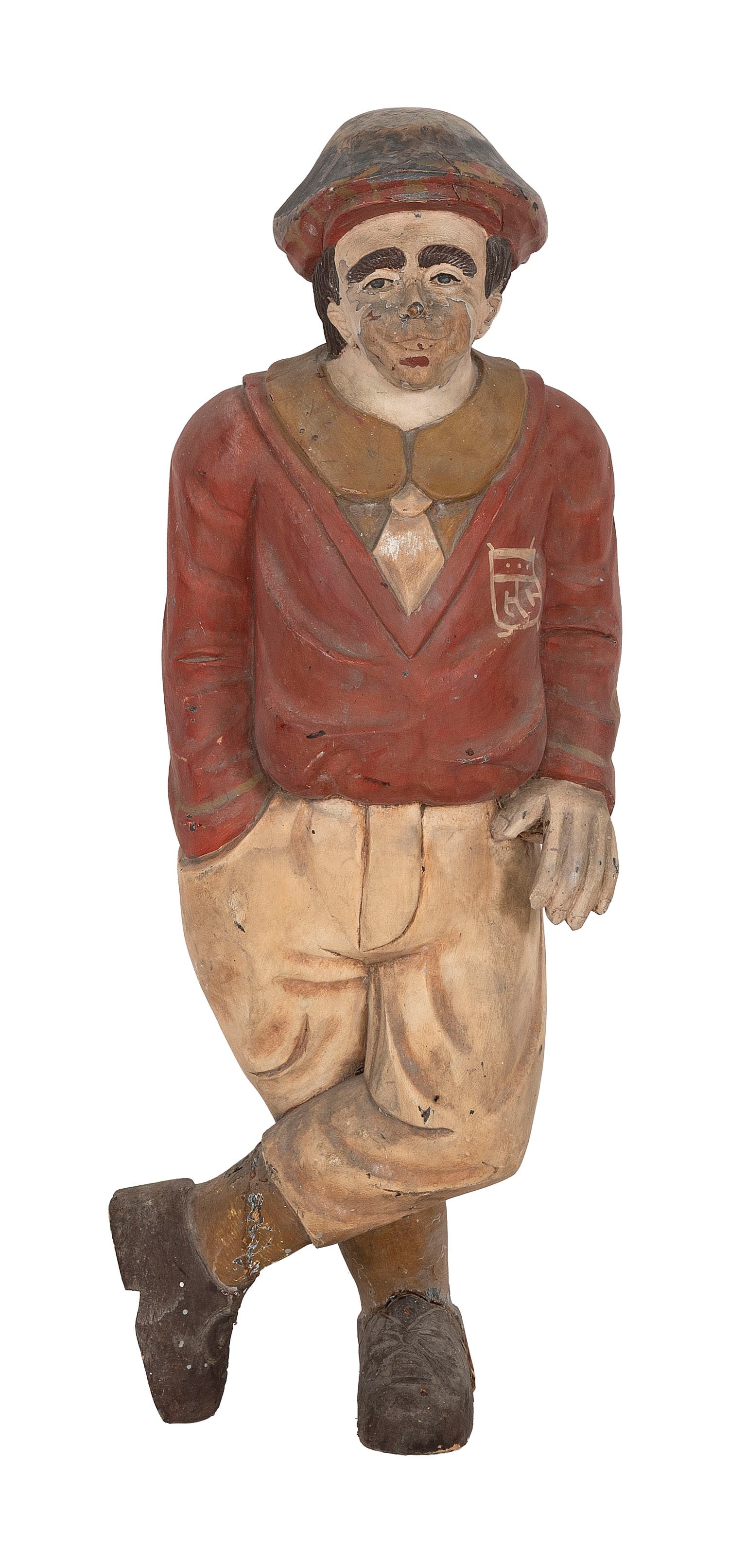 CARVED AND PAINTED WOODEN FIGURE OF A YOUNG CADDY 20th Century Height 38". (1 of 4)