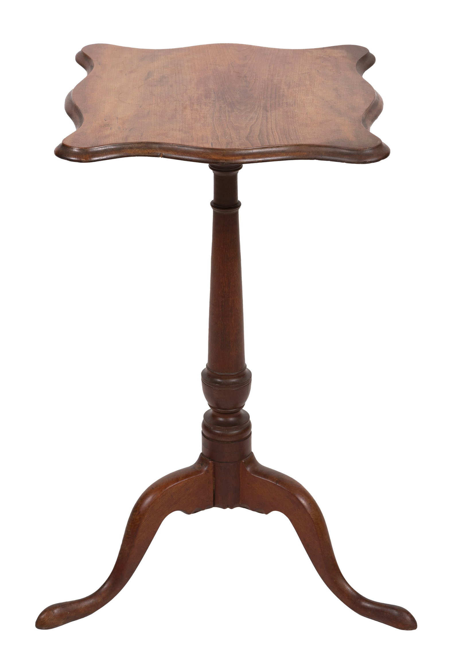 QUEEN ANNE CHERRY CANDLESTAND Second Half of the 19th Century Height 27.5". Top 16.5" x 15.5".: QUEEN ANNE CHERRY CANDLESTAND Second Half of the 19th Century Shaped top on a delicate pedestal. Snake legs end in pad feet. Height 27.5". Top 16.5" x 15.5". Provenance: The Estate of Dr. William E. S