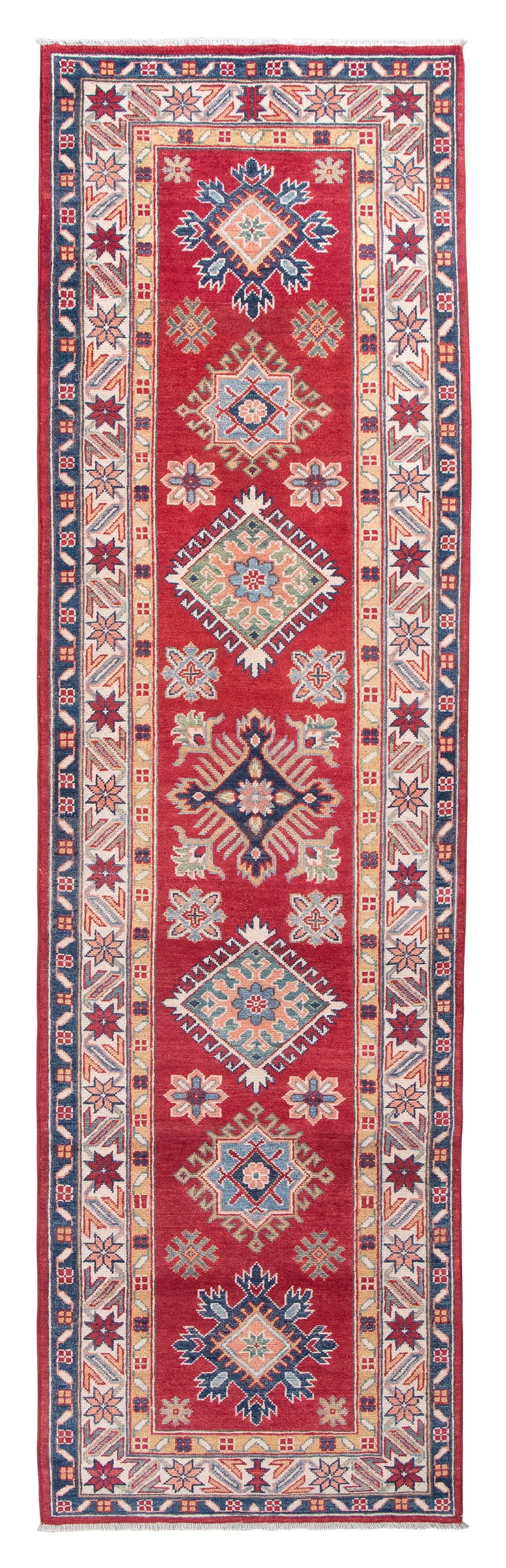 KARAJA DESIGN RUNNER: 2'9" X 9'7" 21st Century: KARAJA DESIGN RUNNER: 2'9" X 9'7" 21st Century Rich red field with traditional alternating geometric medallions with latch hook perimeters flanked by smaller dark blue, light blue, summer green, light