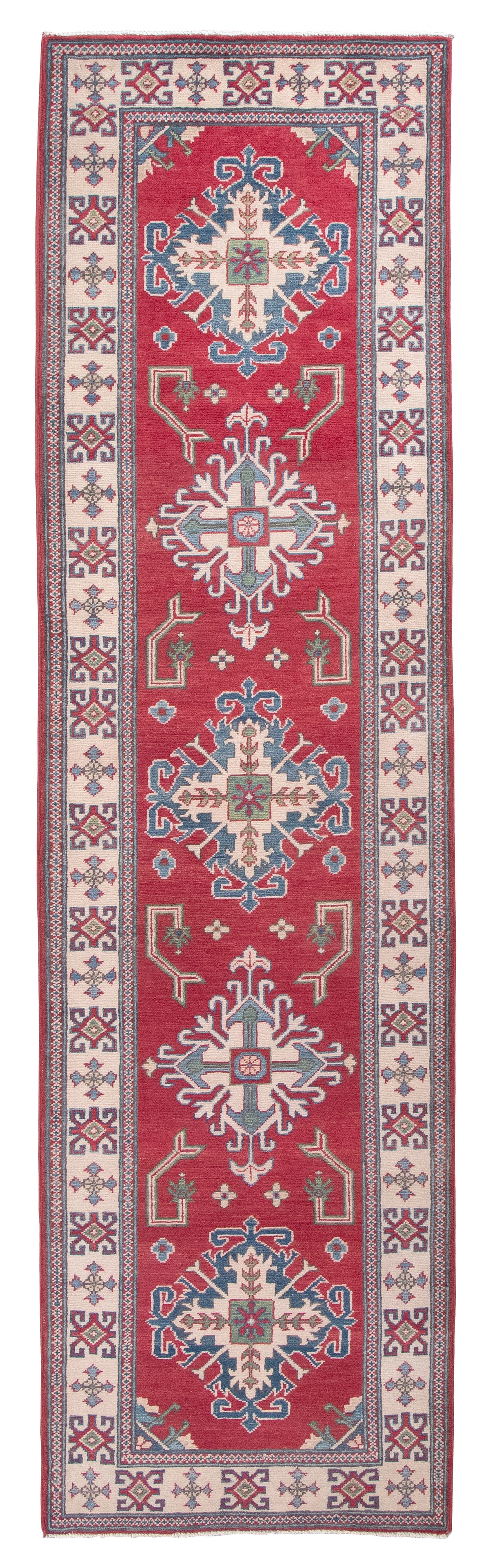 PERSIAN DESIGN RUNNER: 2'8" X 9'6" 21st Century: PERSIAN DESIGN RUNNER: 2'8" X 9'6" 21st Century Rich red field with five elaborate blue, green and ivory cruciform medallions flanked by rudimentary stylized branches. Ivory main border with tradition