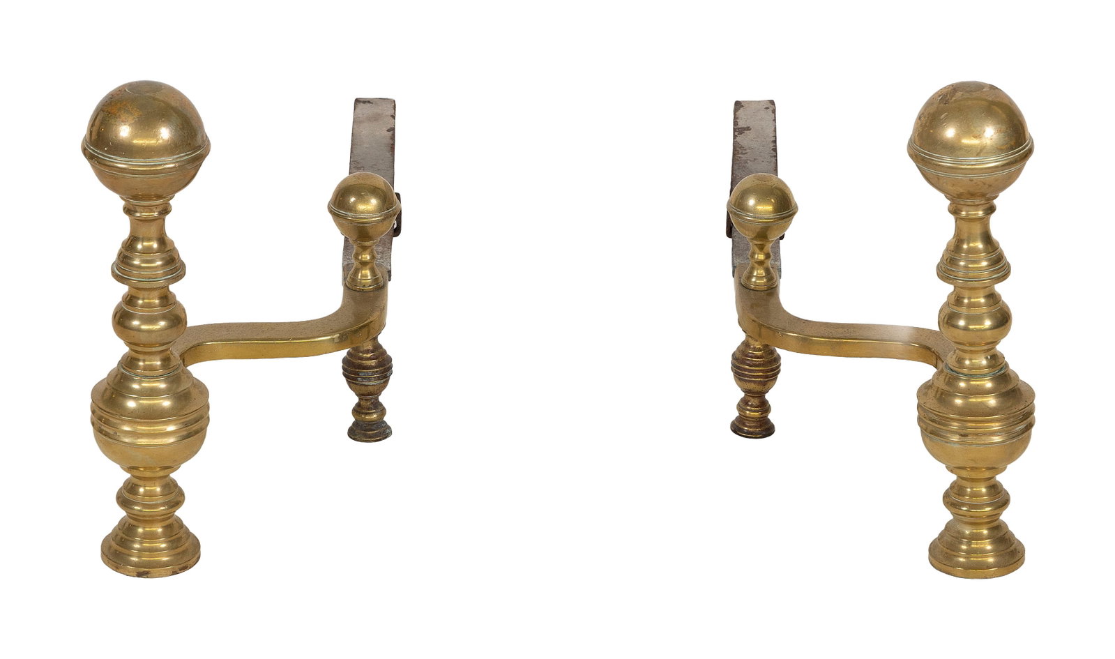 PAIR OF BRASS BALL-TOP ANDIRONS Likely Boston, 19th Century Heights 15". Depths 28.5". (1 of 1)