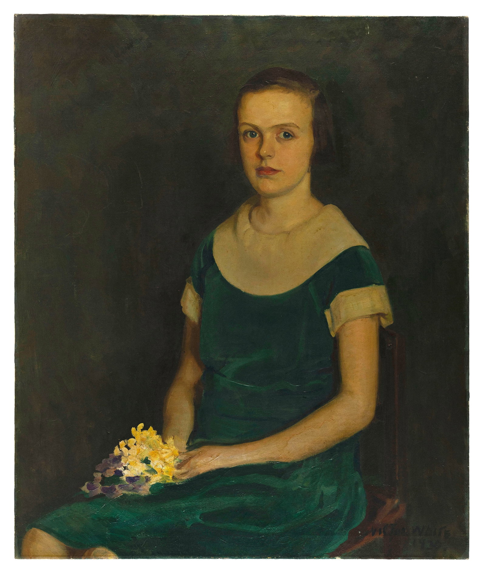 VICTOR GERALD WHITE (New York/Ireland, 1891-1954), Portrait of a young woman., Oil on canvas, 36" x: VICTOR GERALD WHITE New York/Ireland, 1891-1954 Portrait of a young woman. Signed and dated lower right "Victor White 1930". Oil on canvas, 36" x 30". Unframed. Provenance: The President's House, Ster