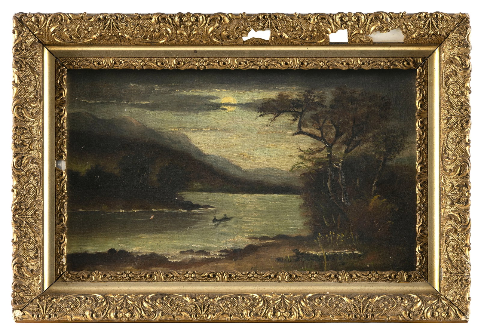 HUDSON RIVER SCHOOL (Late 19th Century,), Figures in a boat under moonlight., Oil on canvas, 9" x (1 of 2)