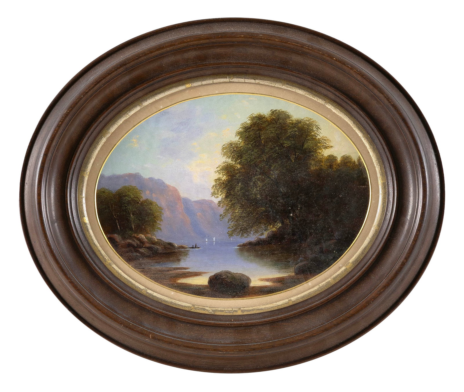 HUDSON RIVER SCHOOL (19th Century,), Boaters on a river., Oil, 6.5" x 8.25" sight. Framed 11.5" x (1 of 2)
