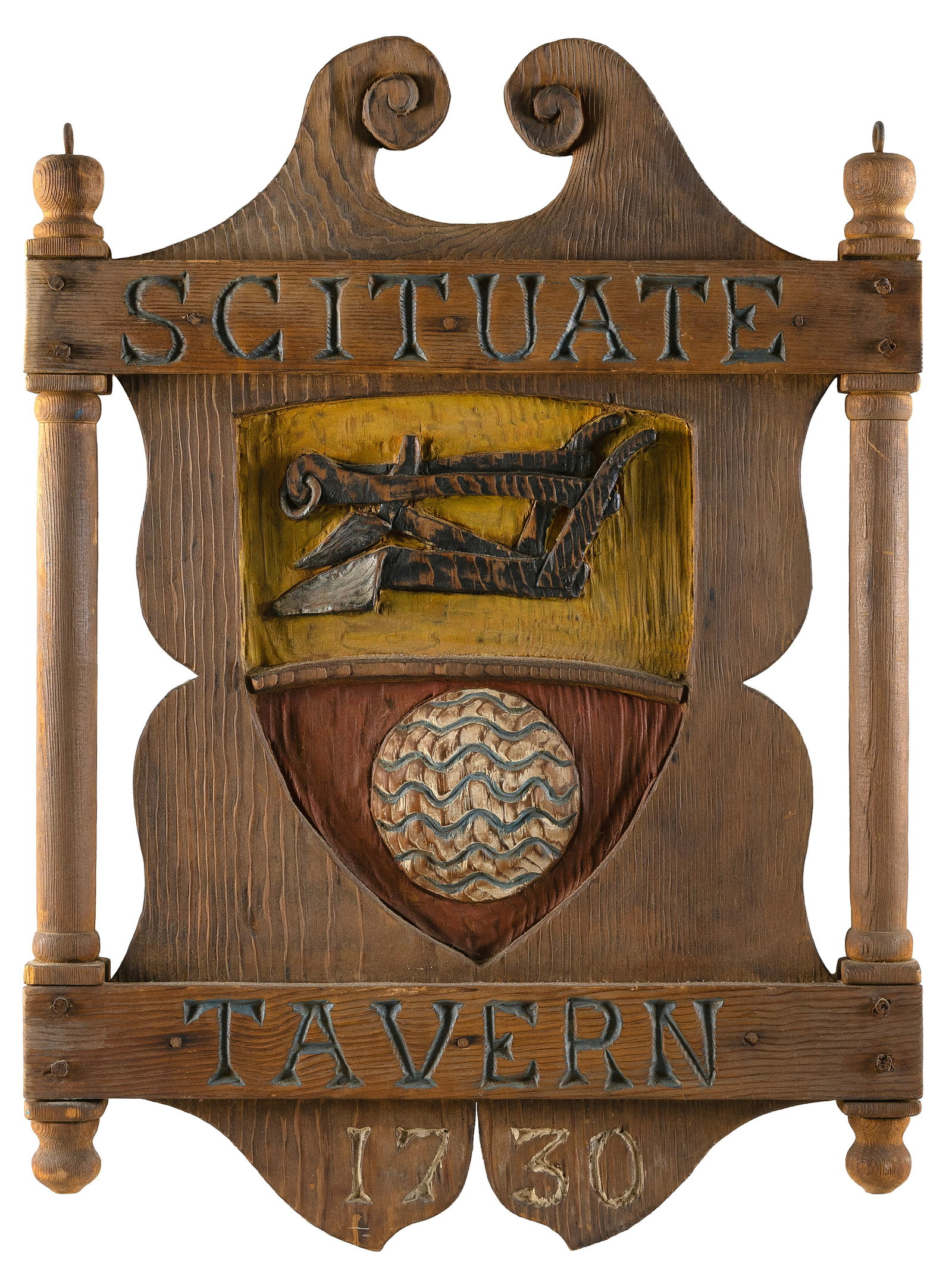 ARMAND LAMONTAGNE (Rhode Island, 1939-2025), Carved and polychromed wooden sign "Scituate Tavern"., (1 of 2)
