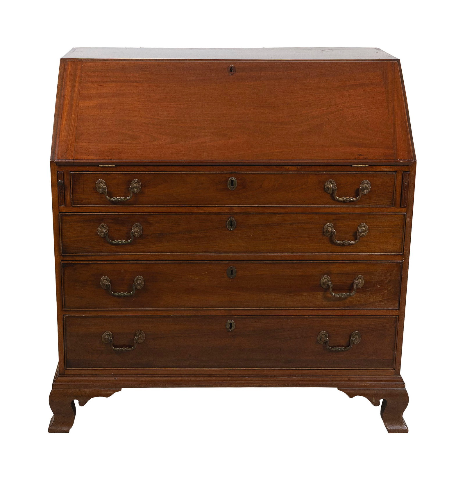 CHIPPENDALE MAHOGANY SLANT-LID DESK Circa 1780 Height 42.5". Width 40.25". Depth 22.5".: CHIPPENDALE MAHOGANY SLANT-LID DESK Circa 1780 Interior fitted with pigeonholes and drawers. Case with four graduated full-width drawers and ogee bracket feet. Height 42.5". Width 40.25". Depth 22.5".