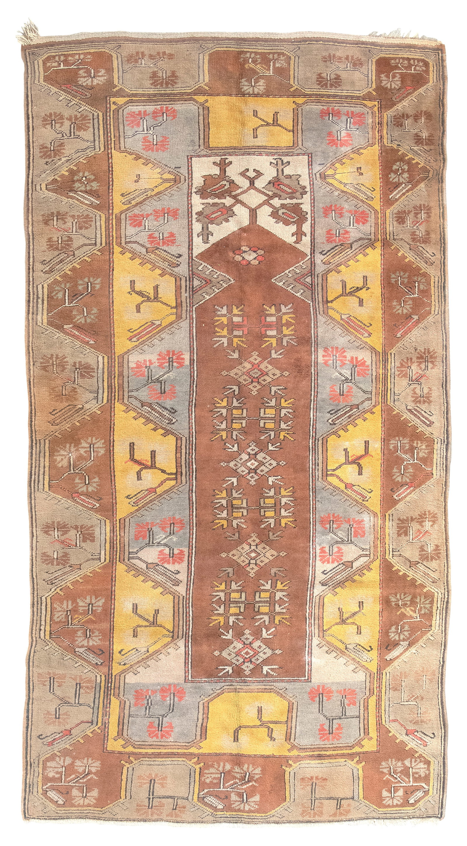 TURKISH PRAYER RUG: 4'1" X 7'10" First Half of the 20th Century: TURKISH PRAYER RUG: 4'1" X 7'10" First Half of the 20th Century Narrow brown and tan field contains tan, red, gray and yellow stylized elements. Two broad gray, yellow and brown borders are traversed 