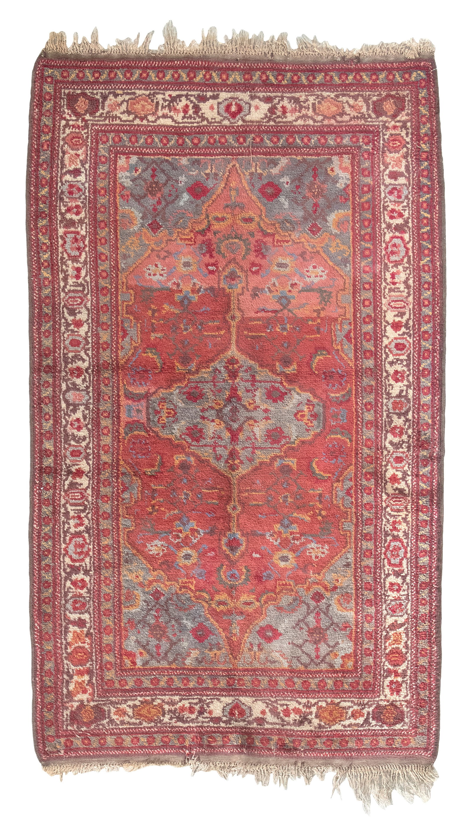 MOROCCAN OR SPANISH RUG: 3'5" X 5'8" Second Quarter of the 20th Century: MOROCCAN OR SPANISH RUG: 3'5" X 5'8" Second Quarter of the 20th Century A red, green, blue and yellow Herati pattern surrounds a gray medallion on an abrashed pink and red field with gray spandrels. R