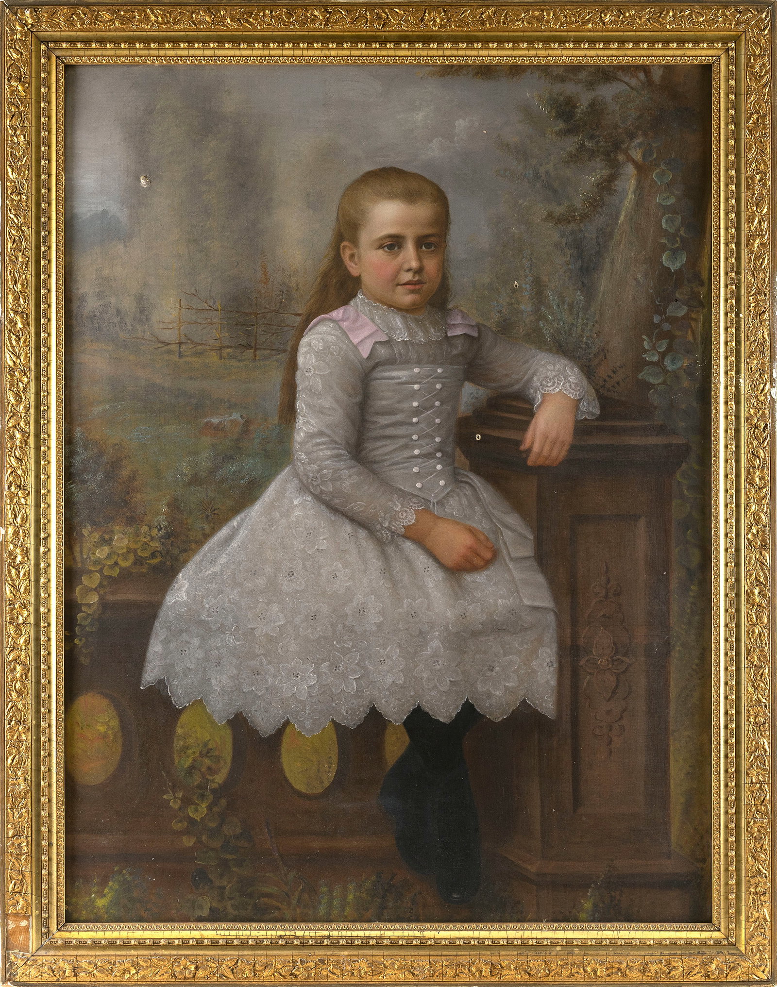 AMERICAN SCHOOL (19th Century,), Portait of a young girl in a landsacpe., Oil on canvas, 40" x 30". (1 of 2)