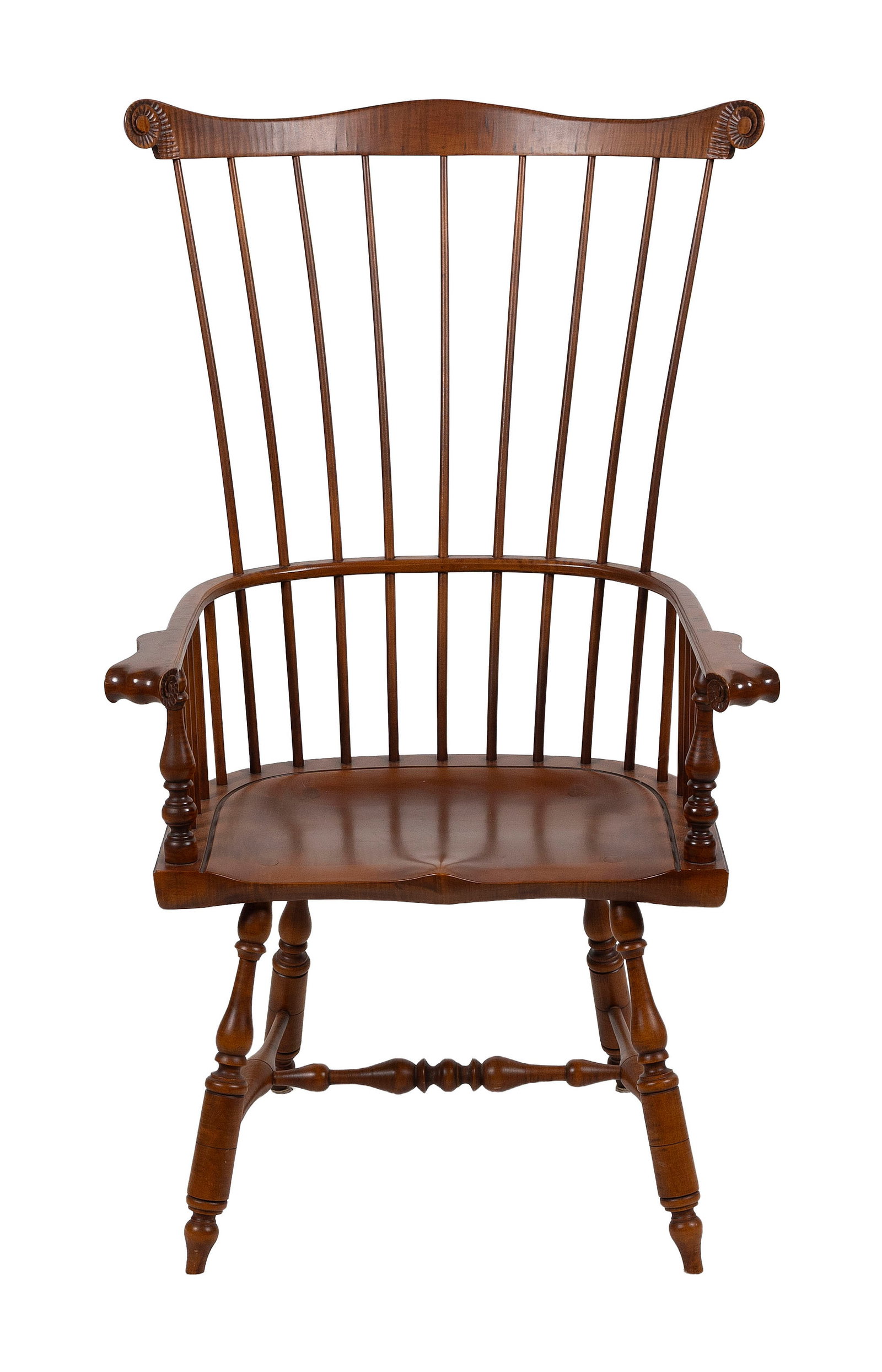 RIVER BEND CUSTOM-MADE TIGER MAPLE WINDSOR ARMCHAIR Contemporary Back height 47.5". Seat height 18".: RIVER BEND CUSTOM-MADE TIGER MAPLE WINDSOR ARMCHAIR Contemporary Back height 47.5". Seat height 18".