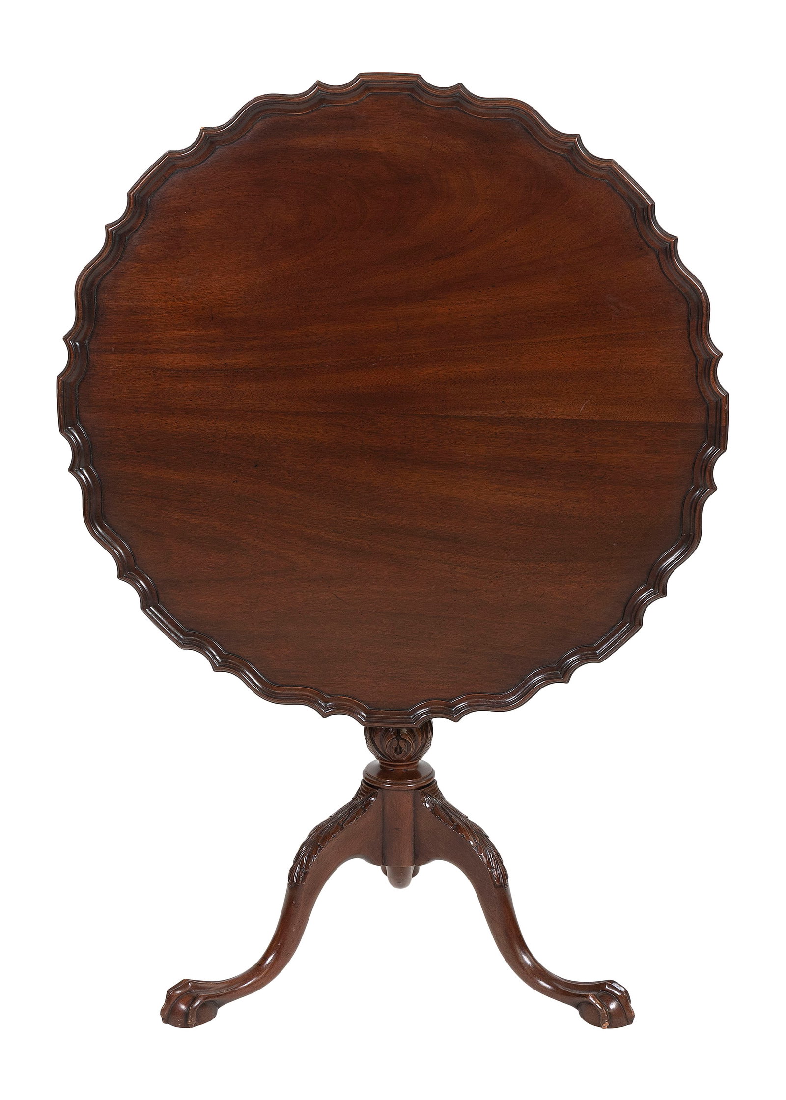 RIGGS CHIPPENDALE-STYLE MAHOGANY TILT-TOP TEA TABLE Contemporary Height 31". Top diameter 31.5". (1 of 2)