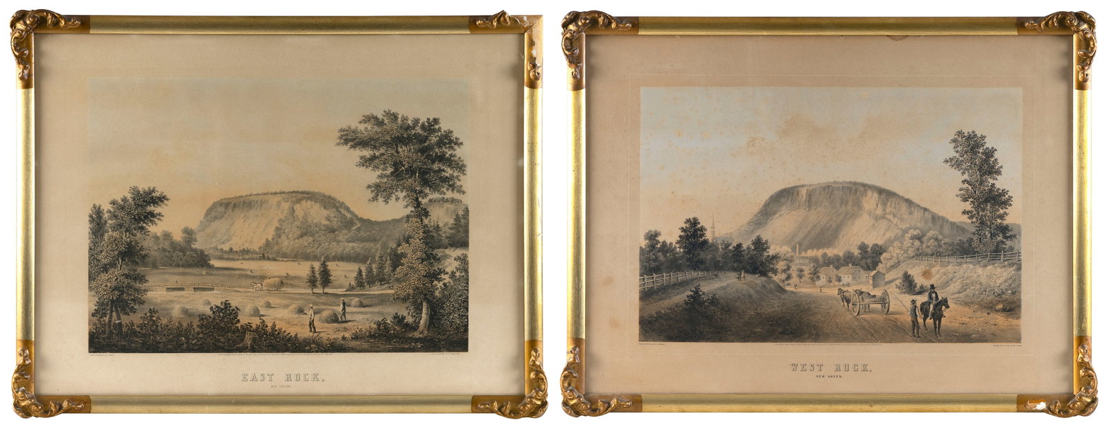 HAND-COLORED TINTED LITHOGRAPHS "EAST ROCK" AND "WEST ROCK" Mid-19th Century Sheets 19" x 24". (1 of 5)