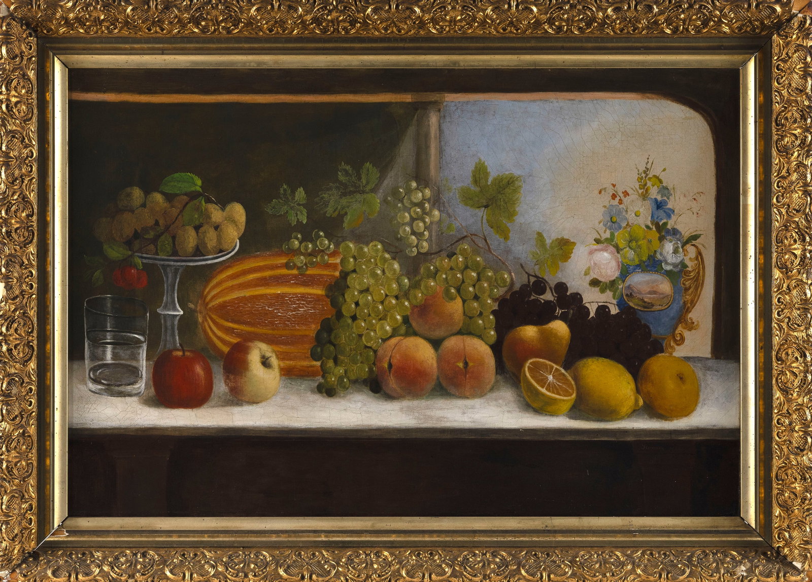 AMERICAN SCHOOL (Mid-19th Century,), Lush tabletop still life of fruits and a vase of flowers., Oil: AMERICAN SCHOOL Mid-19th Century Lush tabletop still life of fruits and a vase of flowers. Signed and dated lower right "Homes 59". Oil on canvas, 20" x 30". Framed 24.5" x 34.5".