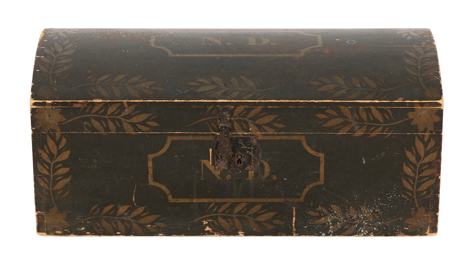 PAINT-DECORATED DOME-TOP TRUNK America, 19th Century Height 12". Width 28". Depth 14.5". (1 of 4)
