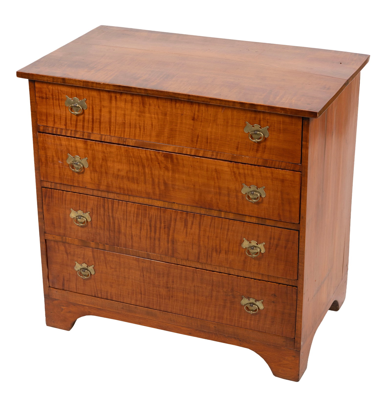 CURLY MAPLE FOUR-DRAWER CHEST New England, Early 19th Century Height 30.25". Width 31.5". Depth 19".: CURLY MAPLE FOUR-DRAWER CHEST New England, Early 19th Century Height 30.25". Width 31.5". Depth 19".