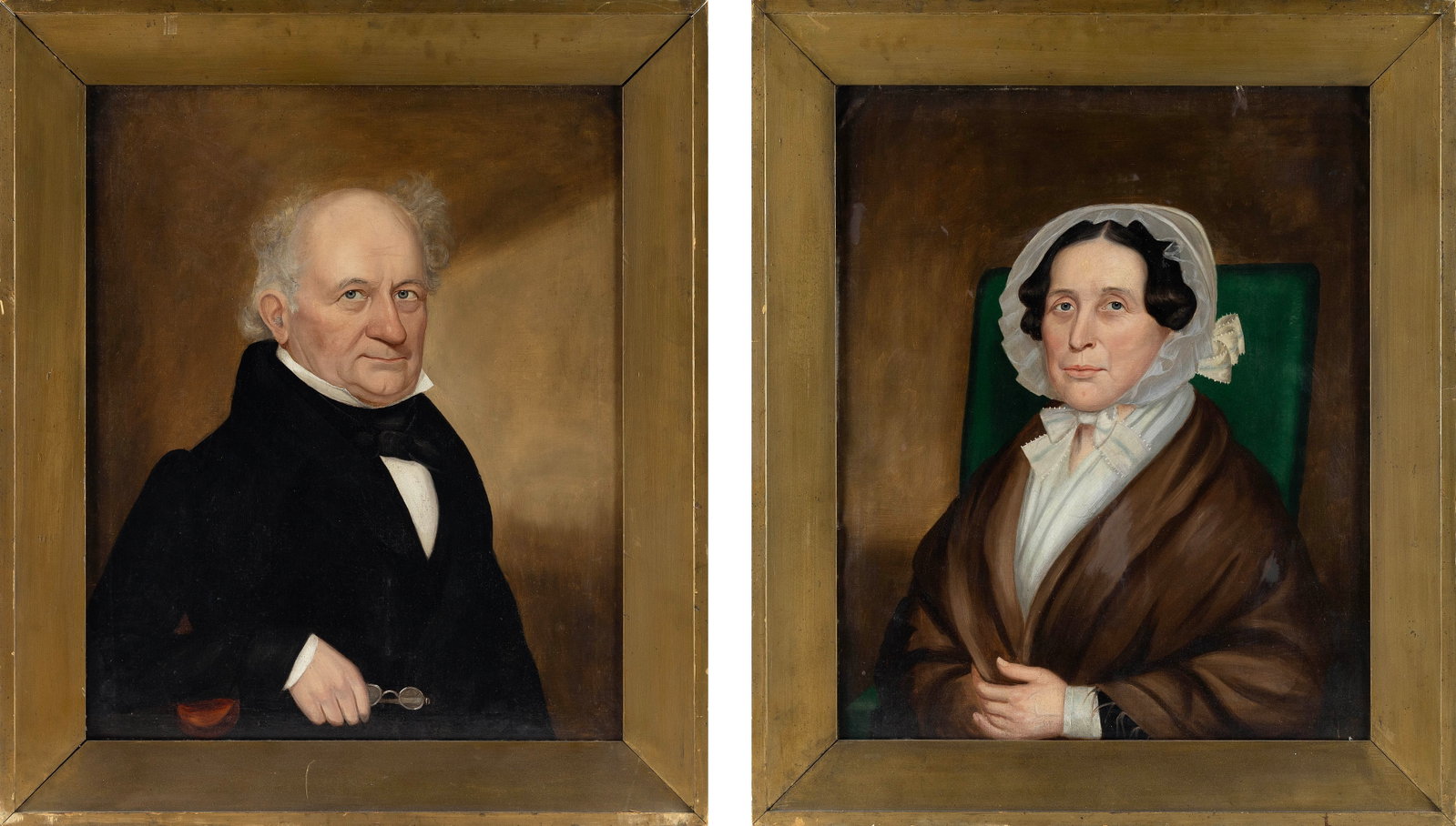 AMERICAN SCHOOL (19th Century,), Pair of portraits, likely Samuel Swan and his wife Clara Swan of (1 of 5)