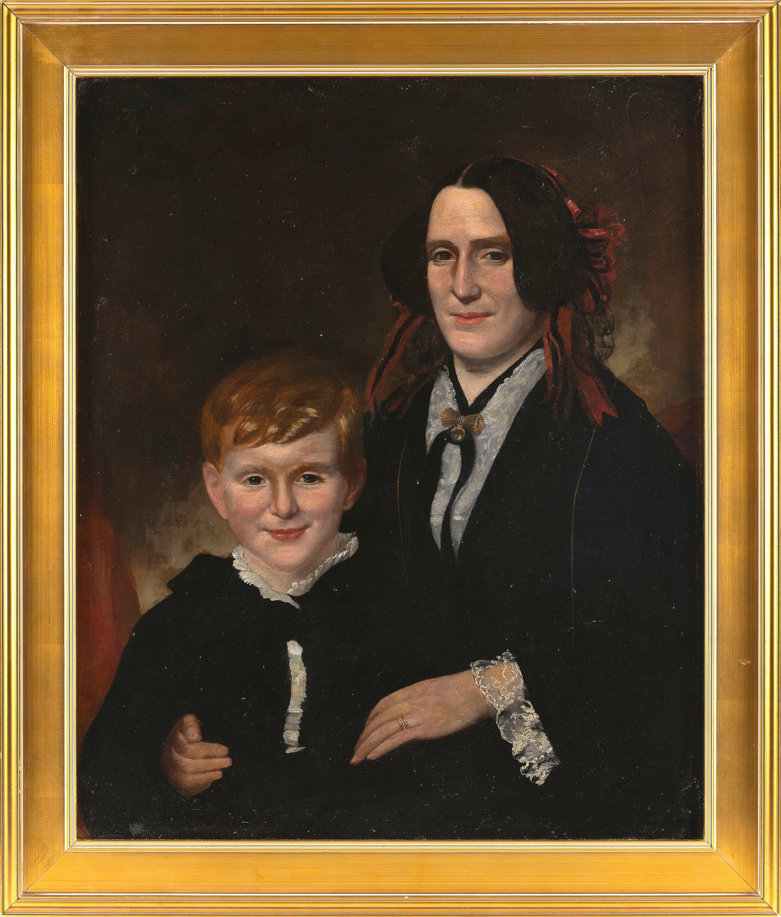 AMERICAN SCHOOL (19th Century,), Portrait of a mother and her son., Oil on canvas, 30" x 25". Framed: AMERICAN SCHOOL 19th Century Portrait of a mother and her son. Unsigned. Oil on canvas, 30" x 25". Framed 35.5" x 30.5".