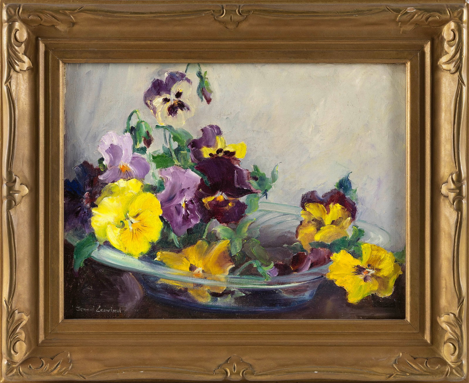 JENNIE THATCHER CRAWFORD (Missouri/California, 1890-1958), Still life of pansies., Oil on canvas, (1 of 2)