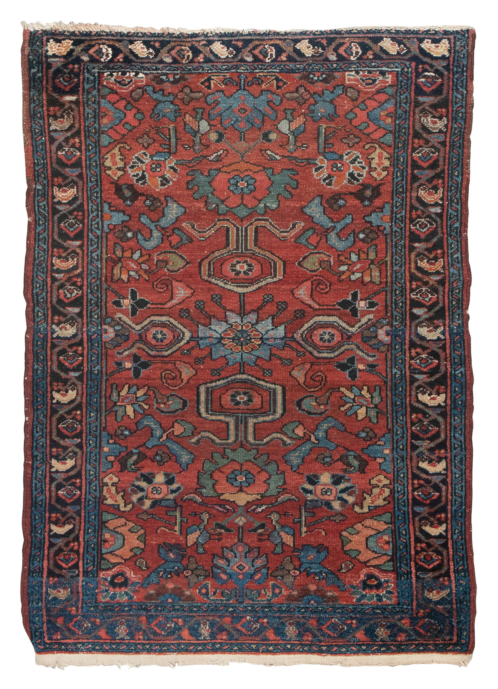 LILLIHAN RUG: 2'8" X 3'9" Second Half of the 20th Century: LILLIHAN RUG: 2'8" X 3'9" Second Half of the 20th Century Dark red field contains a busy and symmetrical array of colorful stylized elements and a cruciform central element. Marine and midnight blue b