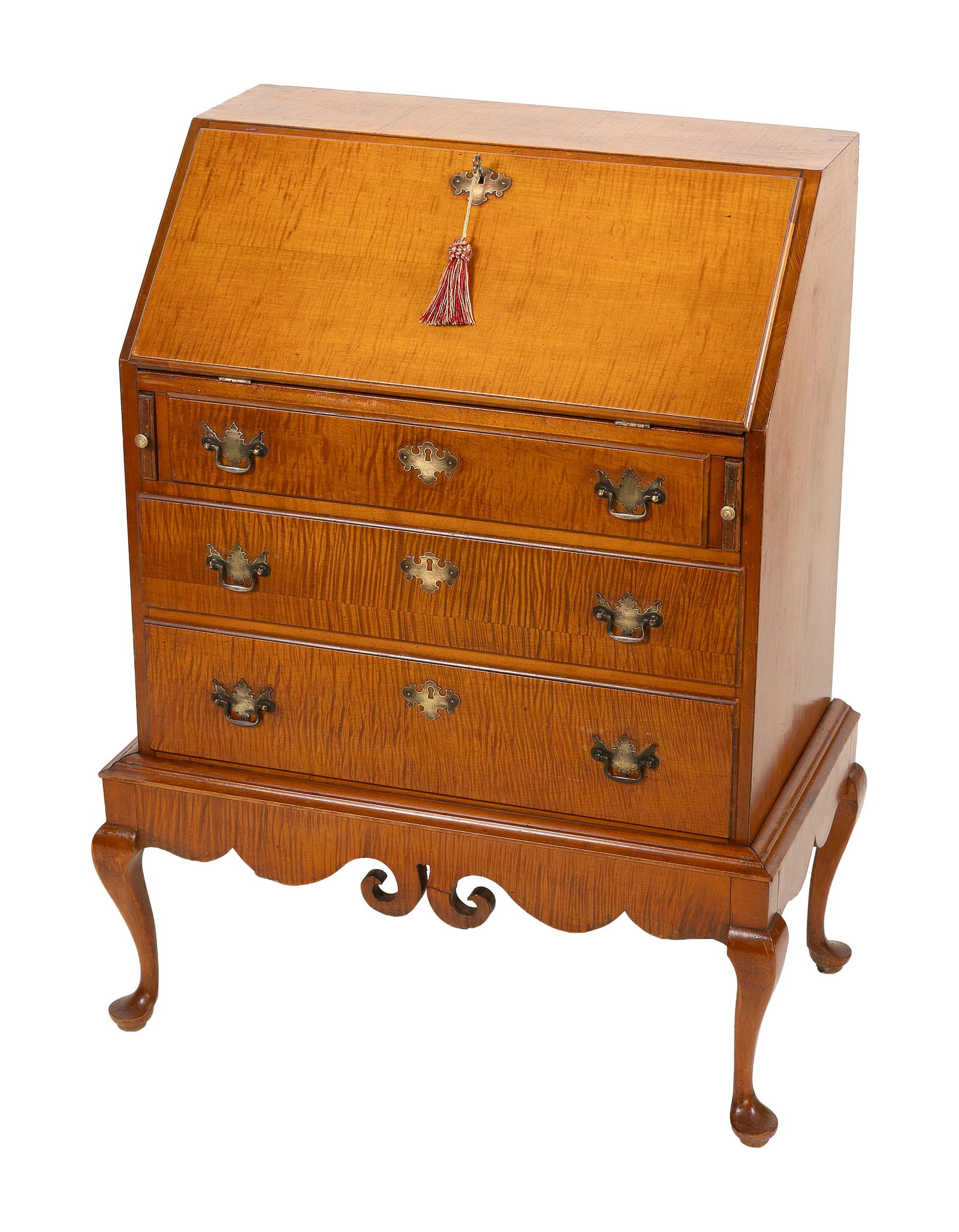 MERRIAM, HALL & CO. DIMINUTIVE QUEEN ANNE-STYLE TIGER MAPLE DESK ON FRAME North Leominster, (1 of 3)
