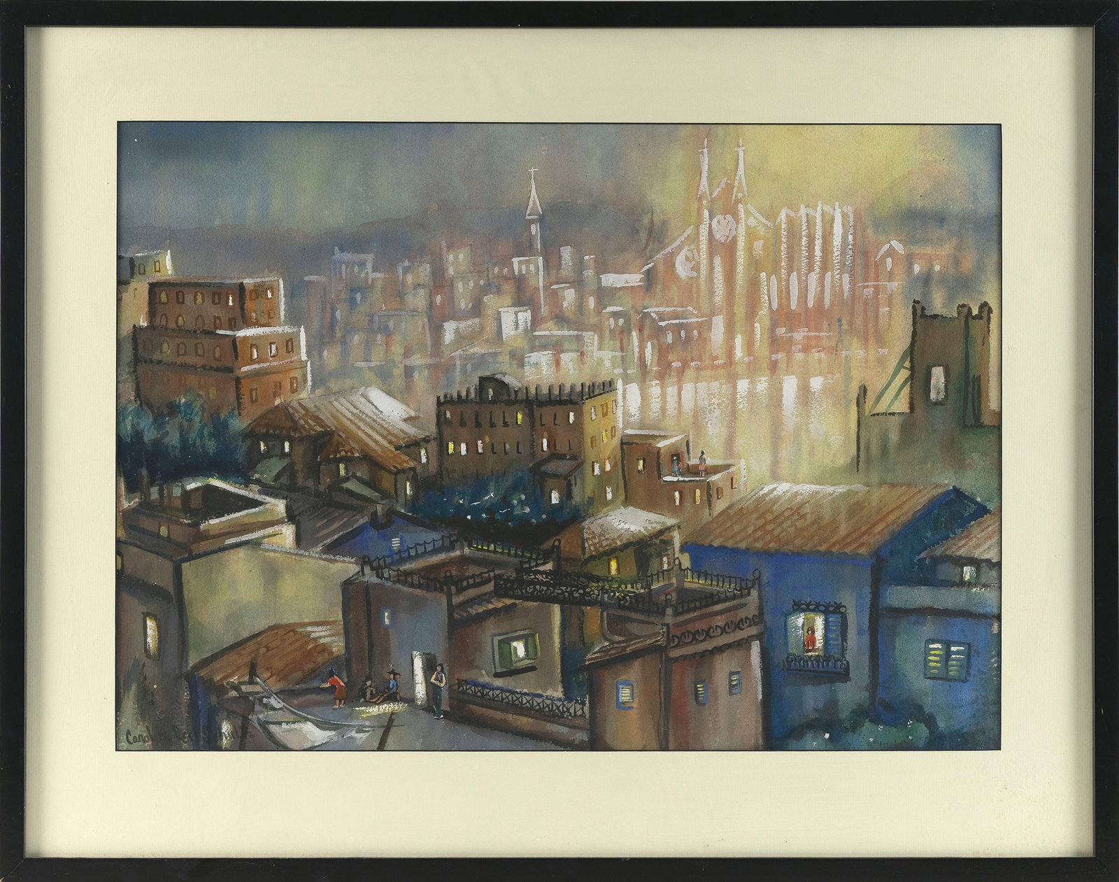 CAROLINE REEL SCHULTZ (America, 1936-2004), Nighttime city scene with figures on rooftops and in (1 of 2)