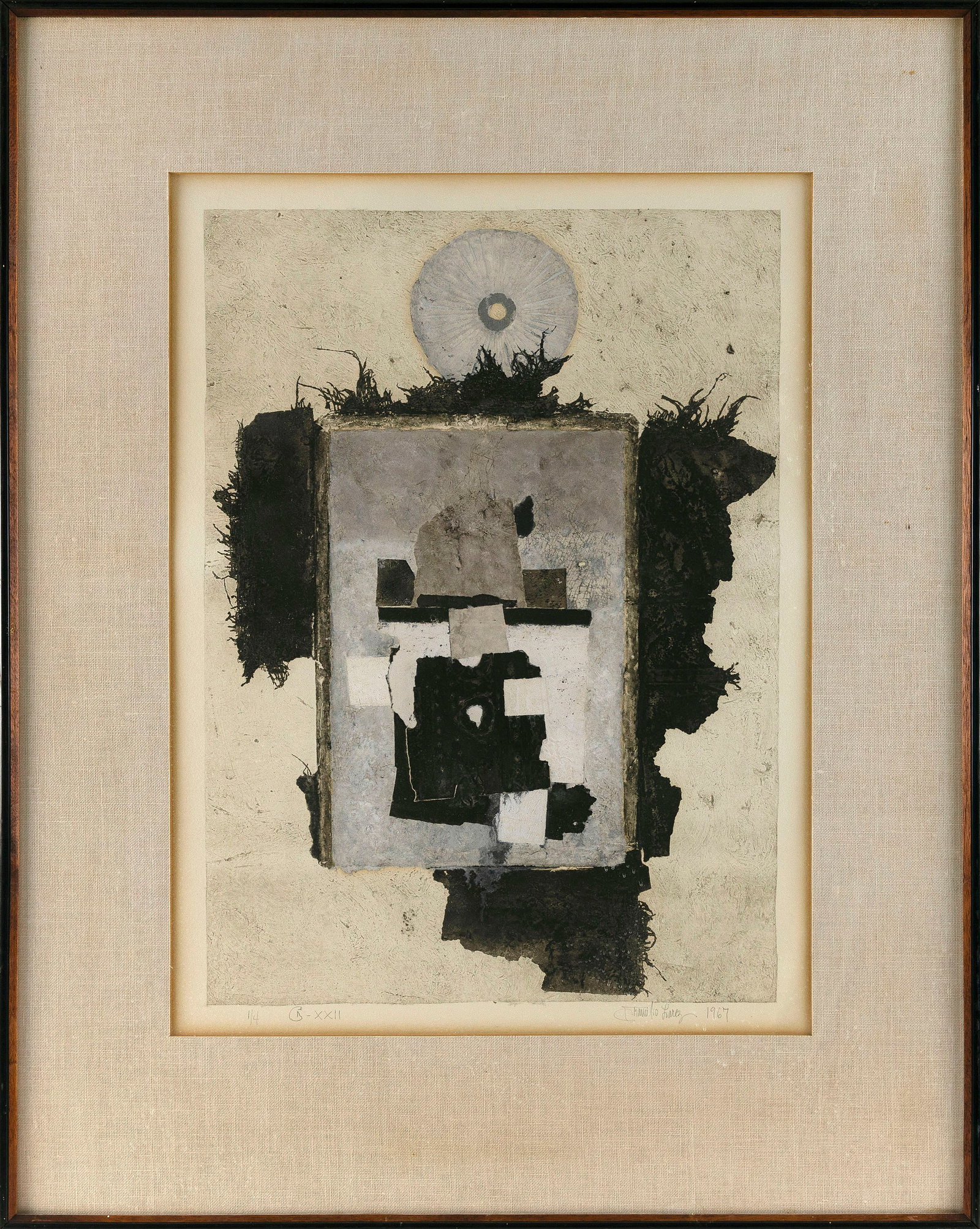 FRANCISCO LAREZ (New York/Venezuela, 1936-), Abstract., Lithograph on paper, 25" x 18" sight. Framed: FRANCISCO LAREZ New York/Venezuela, 1936- Abstract. Signed in pencil lower right "Francisco Larez". Lithograph on paper, 25" x 18" sight. Framed 36" x 28". Provenance: The President's House. Sterling 