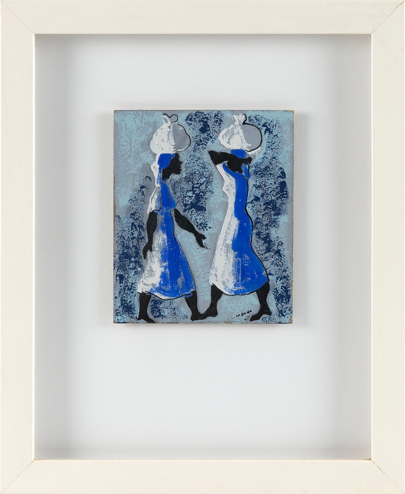 LUCKNER LAZARD (Haiti, 1928-1998), Two women., Gouache on board, 4.75" x 4". Framed 11" x 9". (1 of 2)